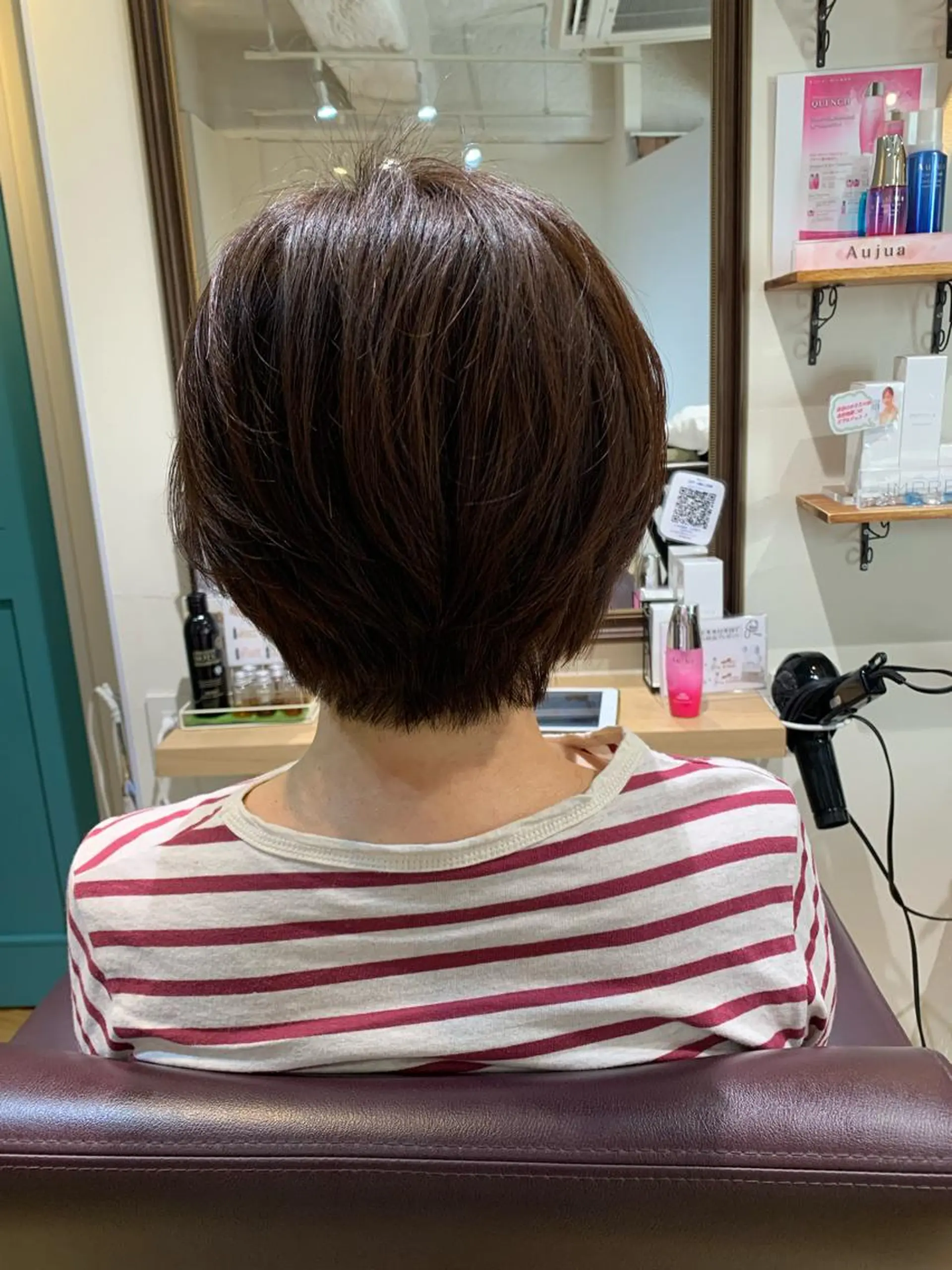 ショート カラー パーマ ヘアアレンジ メンズ キッズ テラコッタ 顔周りカット レイヤーカット ショートヘア ストレートパーマ 白髪染め世代特化 🌿飯塚京橋のヘアスタイル