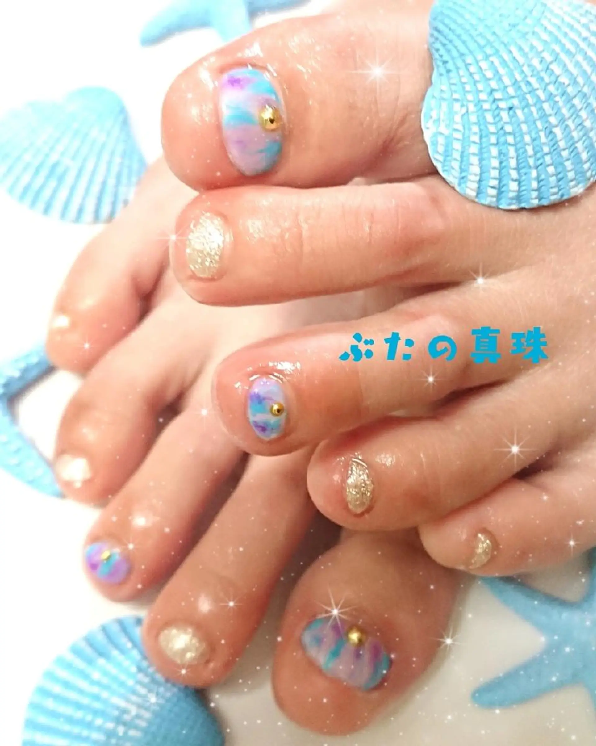 ネイル ブルー フットネイル 大理石ネイル(マーブル) パープル 林 珠里のネイルデザイン