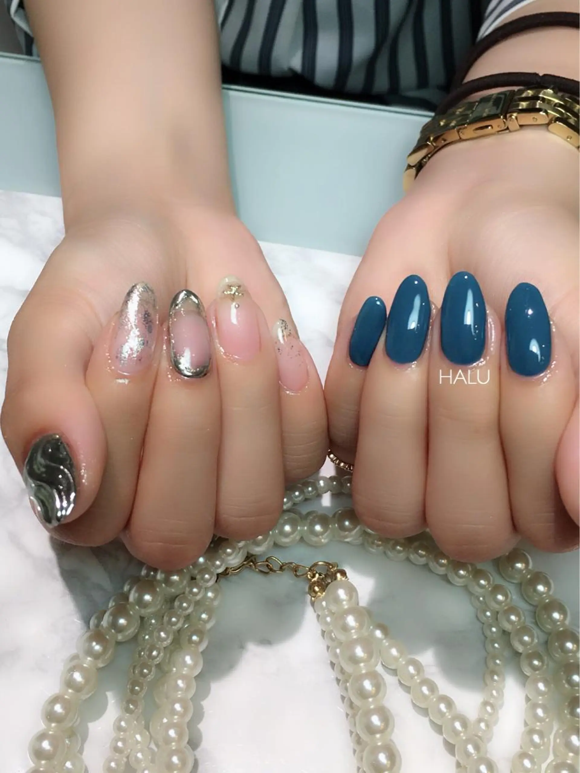 ネイル ブルー クリアネイル ミラーネイル HALU ハルのネイルデザイン