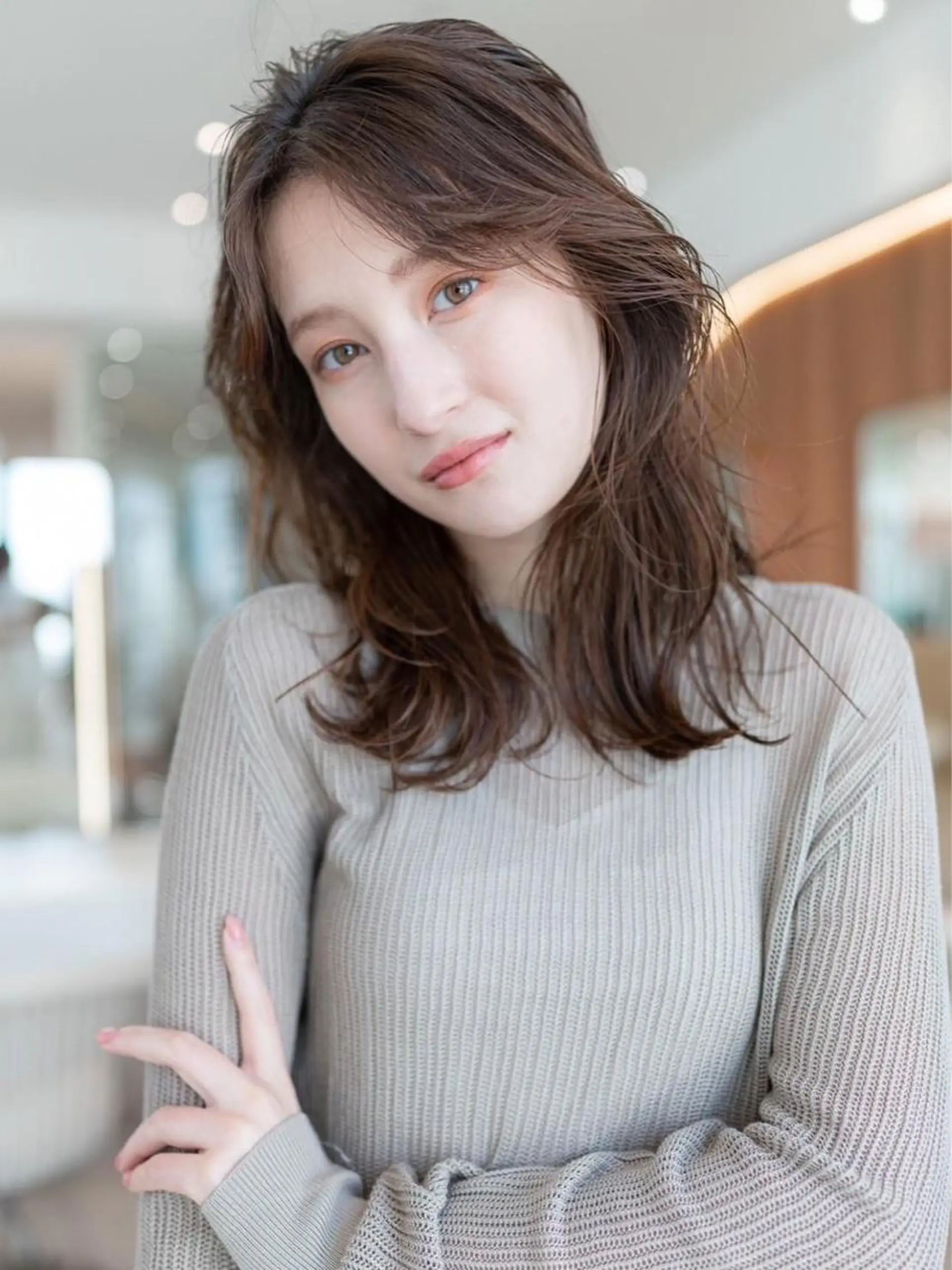 ミディアム 顔まわりレイヤー レイヤーカット カット ヘアカラー トリートメント 天神/透明感カラー ツヤ髪/nonokaのヘアスタイル