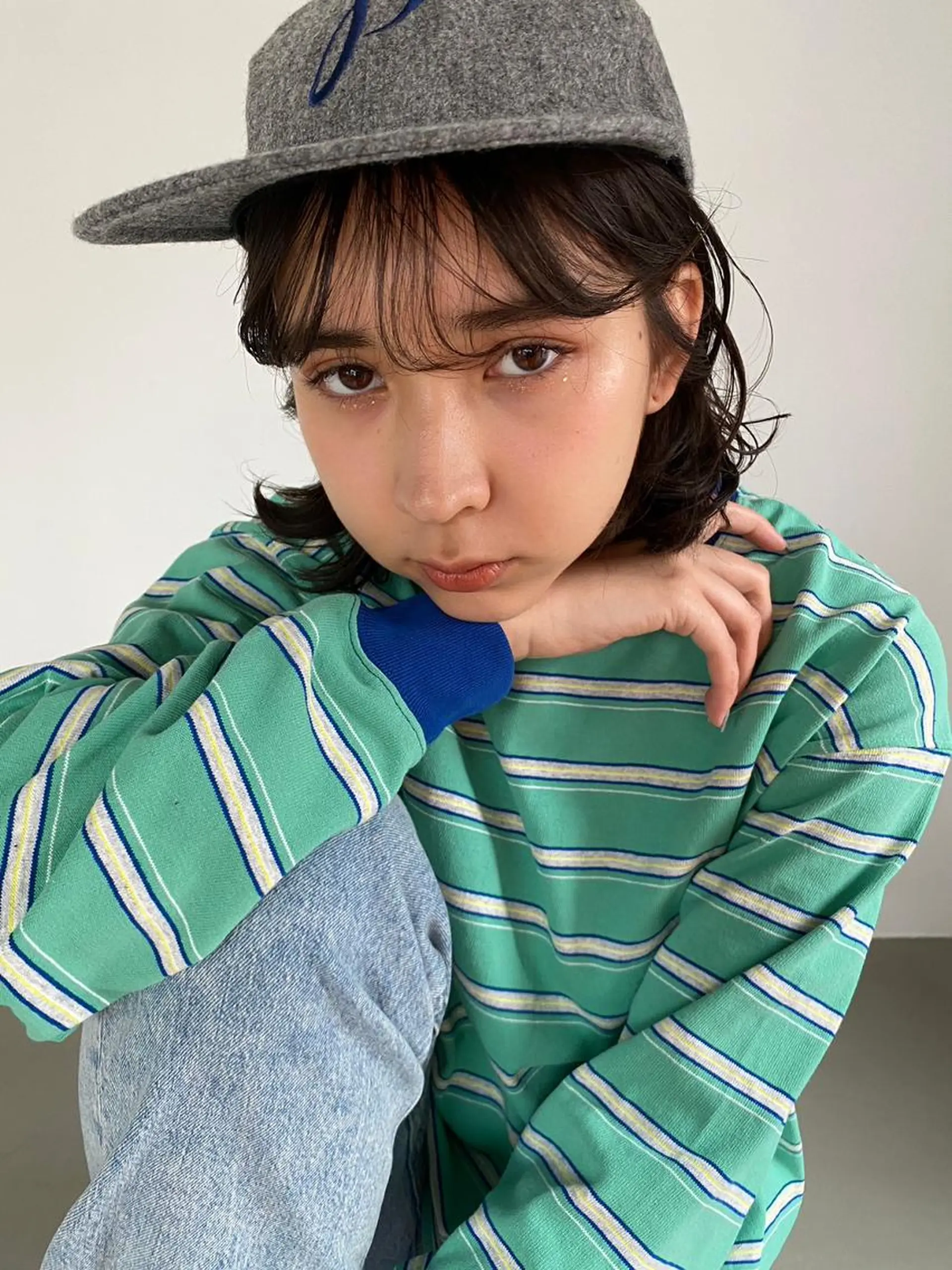 ミディアム カラー パーマ ショートボブ アディクシーカラー ブリーチ ブロンド ブルーカラー カット ヘアカラー トリートメント CEINE＋ officialのヘアスタイル