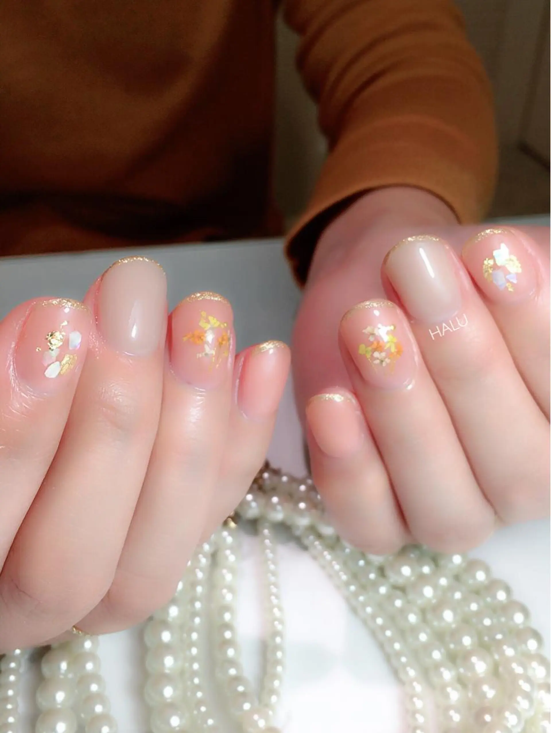 ネイル ゴールド オレンジ 春ネイル HALU ハルのネイルデザイン