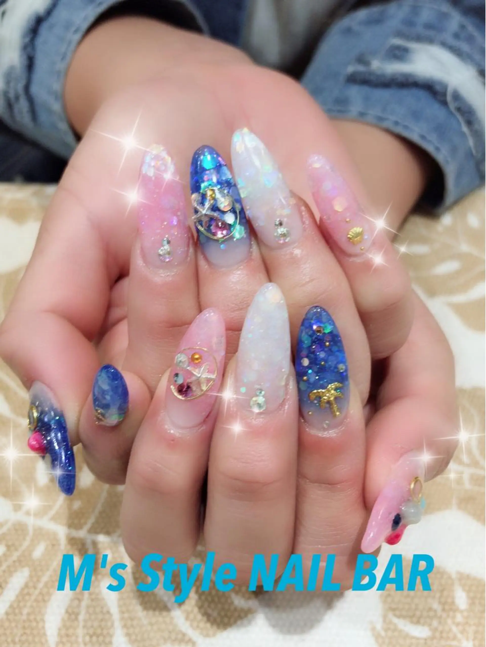 ネイル ブルー ラメ(グリッター) ピンク 夏ネイル ホワイト ハンドネイル M's Style NAIL BARのネイルデザイン