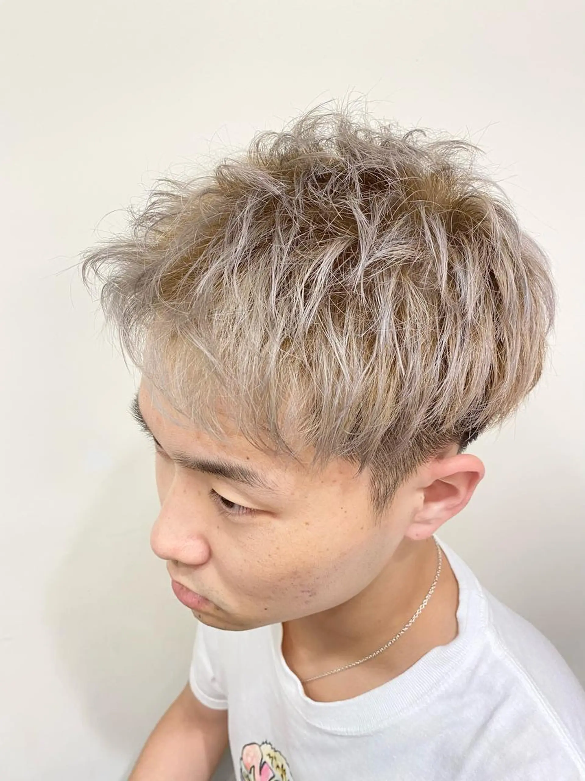 ショート カラー ブリーチ シルバー ホワイトシルバー レイヤー/グレージュ メンズパーマのヘアスタイル