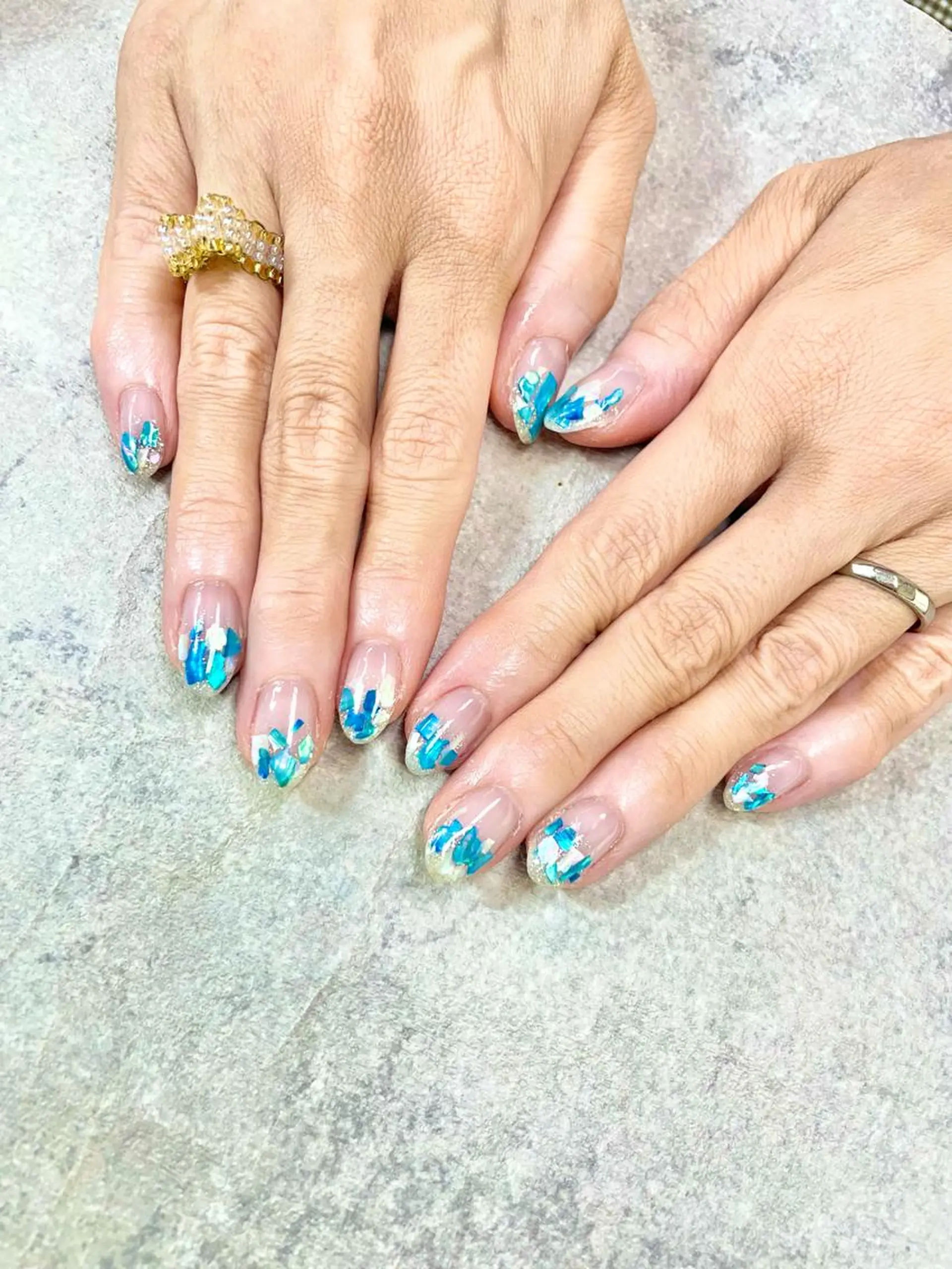 ネイル アートネイル ブルー フレンチネイル ジェルネイル ガラスフレンチ FASTNAIL PLUS 新宿店のネイルデザイン