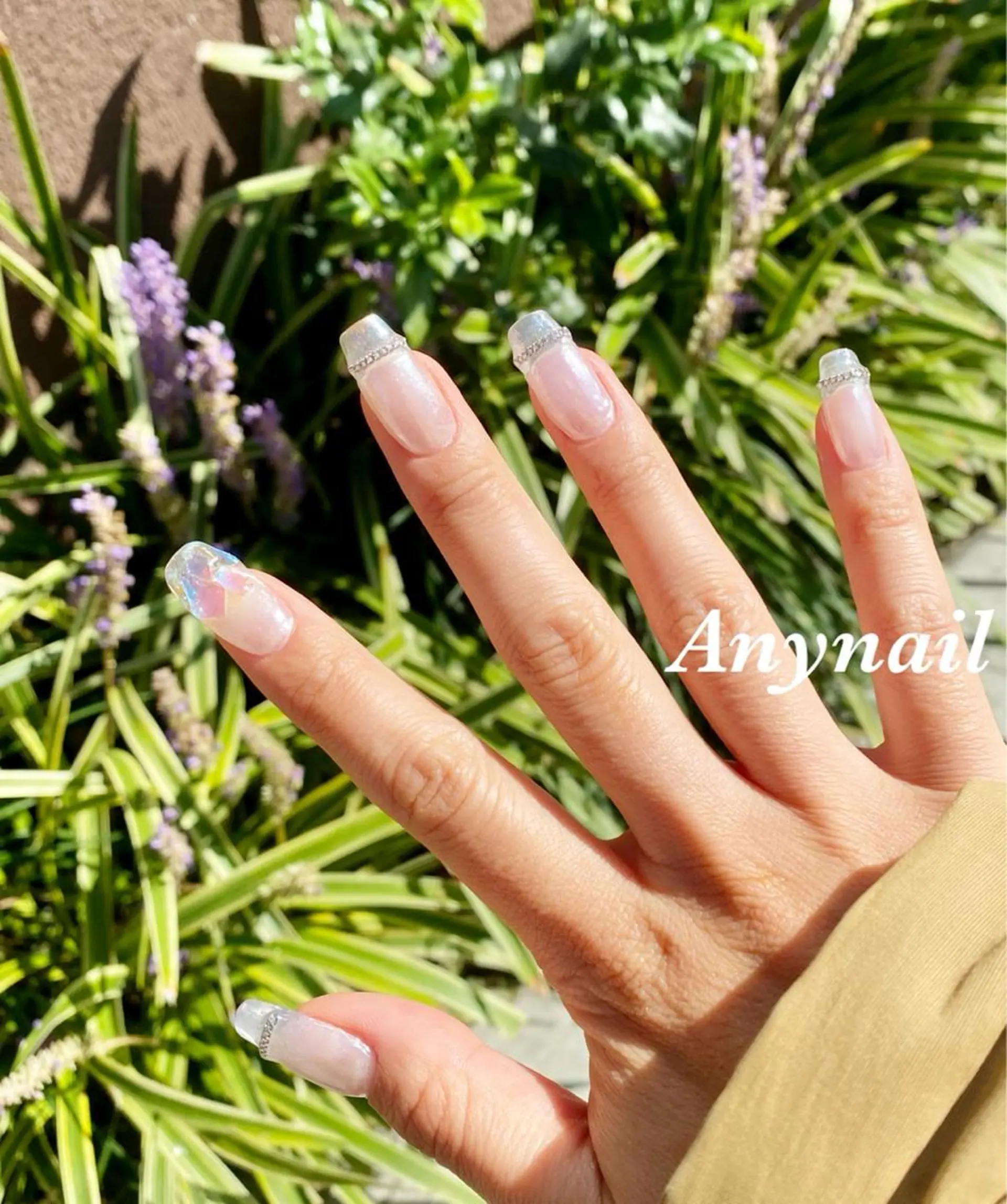 ネイル オーロラネイル ブルー クリアネイル スカルプネイル シンプルネイル ハンドネイル 岩澤 恵子のネイルデザイン