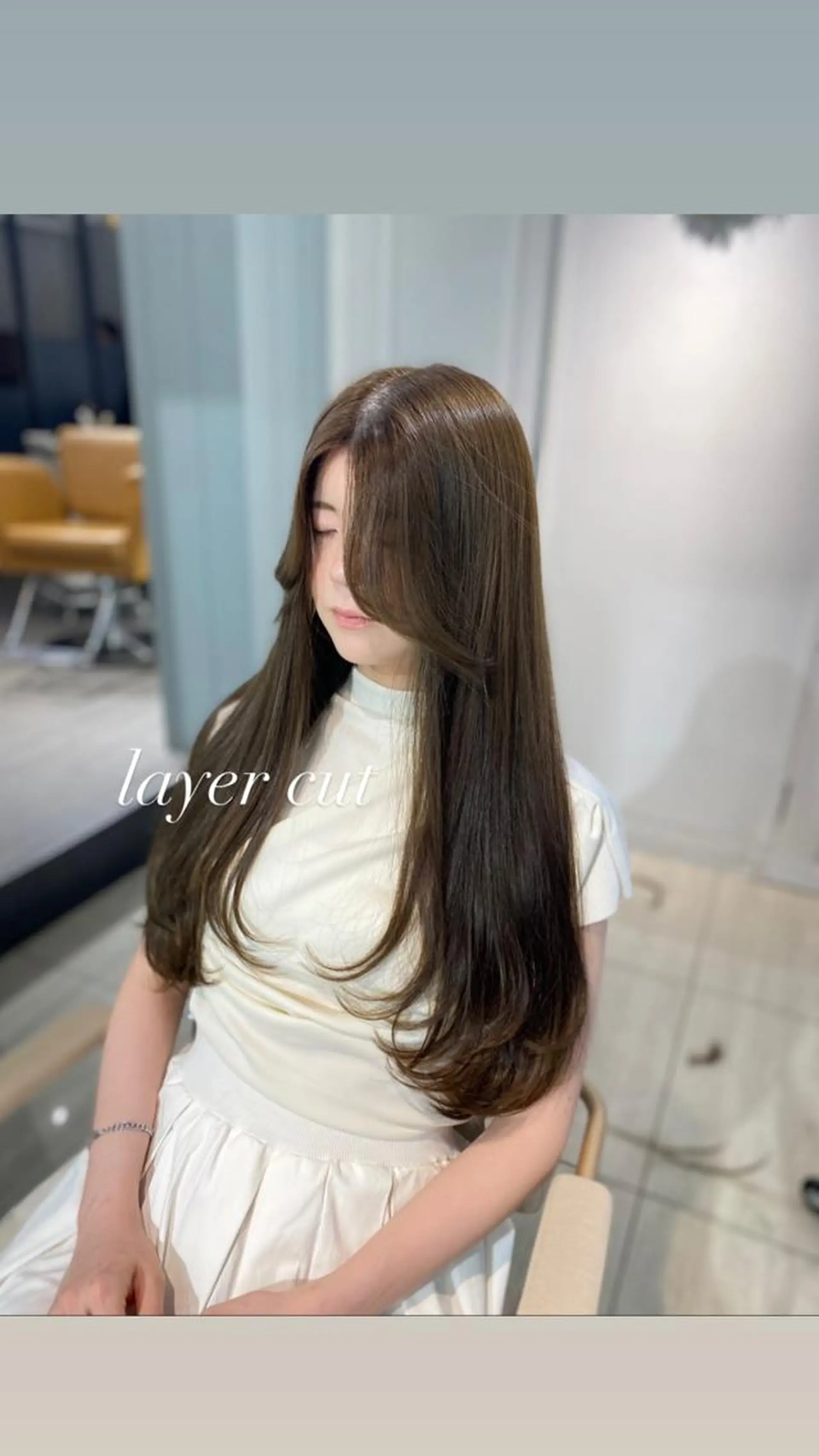 ロング カラー アッシュ ベージュカラー 黒髪 ブリーチ ブルーカラー カット ヘアカラー トリートメント 韓国風レイヤーカット 💎髪質改善"yuiのヘアスタイル