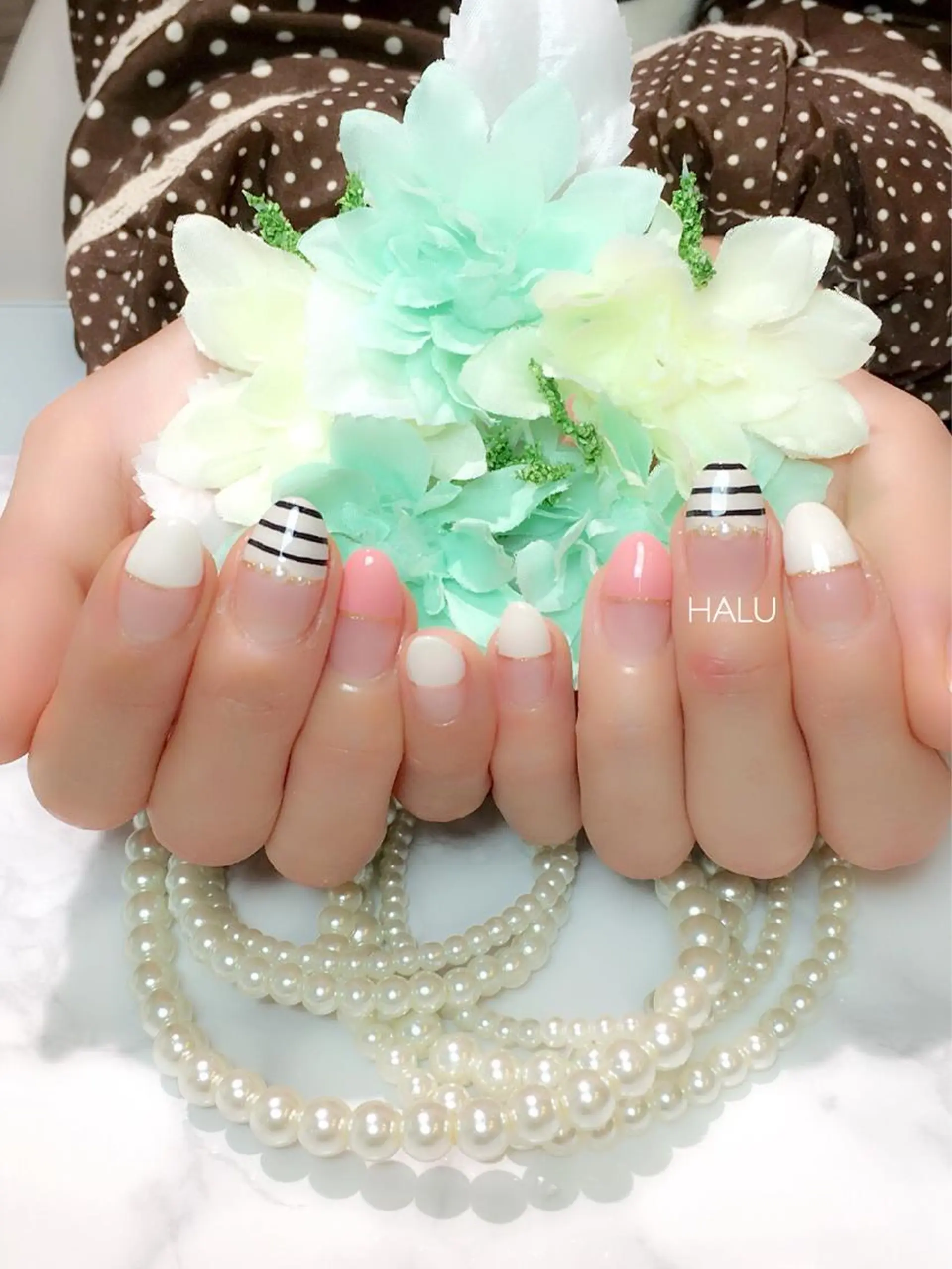 ネイル ボーダー カジュアル ピンク HALU ハルのネイルデザイン