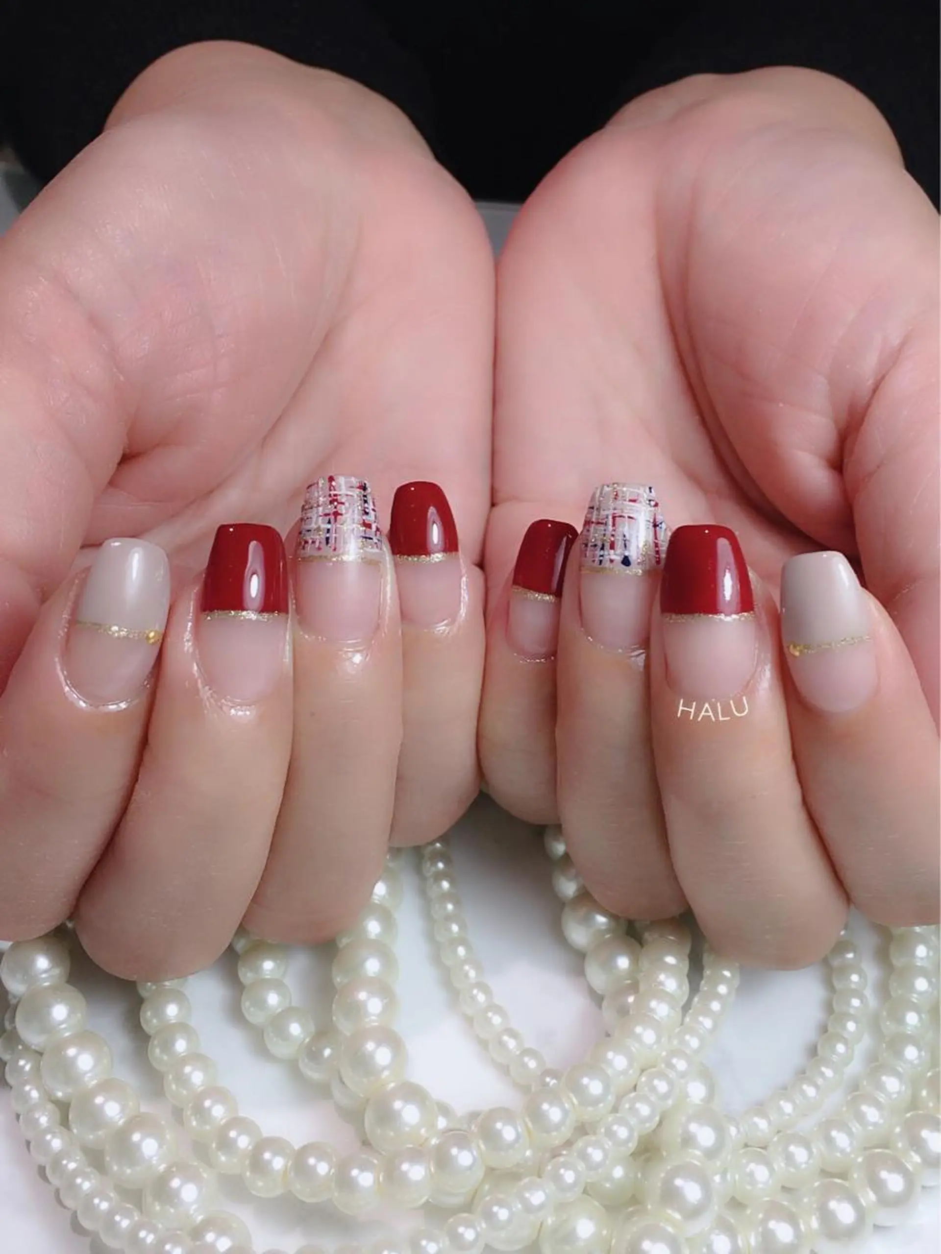 ネイル ボルドー フレンチネイル ツイードネイル HALU ハルのネイルデザイン