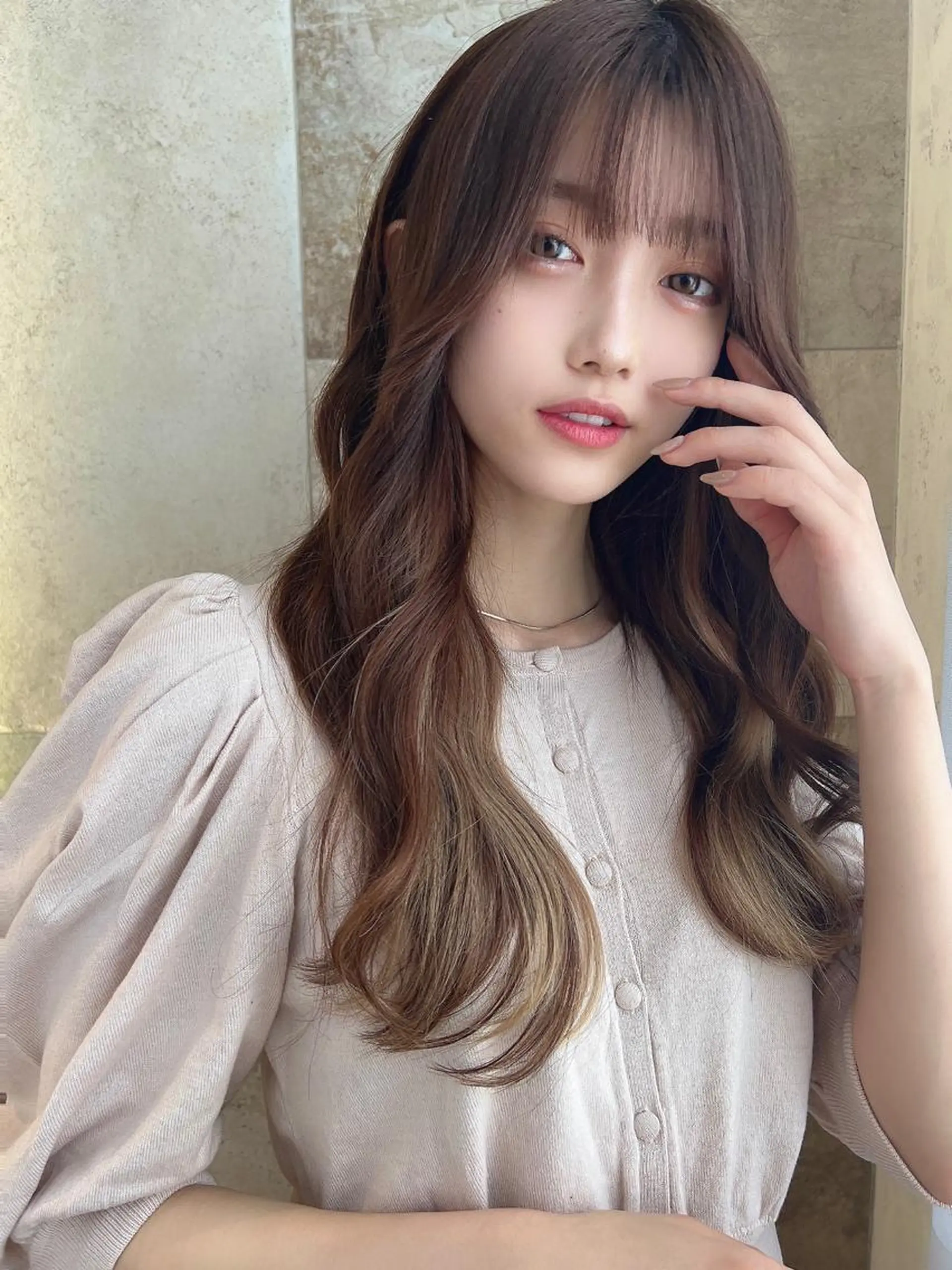 ロング ボブ ハイライト 髪質改善 韓国風ヘア 小顔カット 似合わせカラーの達人 ダブルカラー/森栄範のヘアスタイル