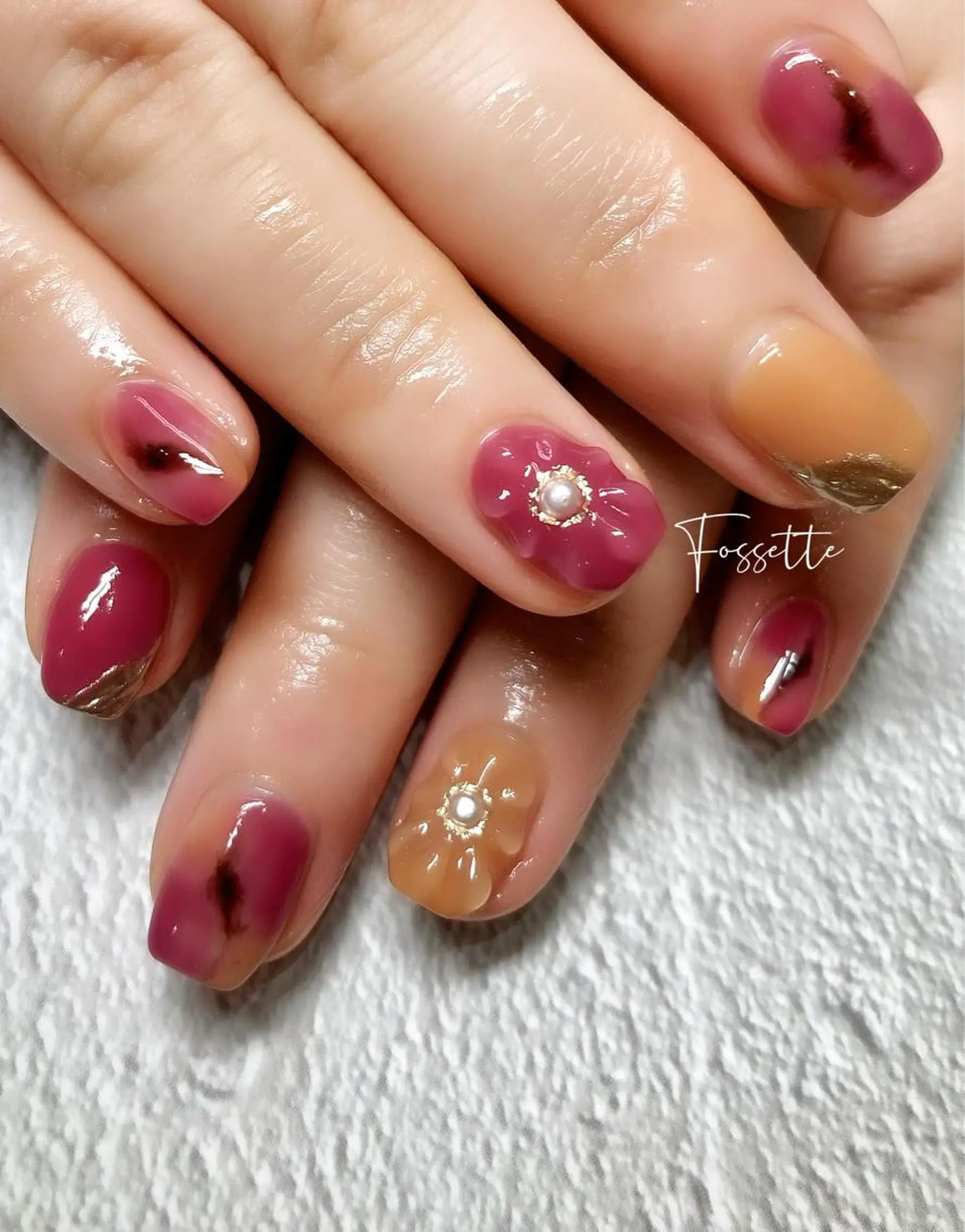 ネイル フラワーネイル ミラーネイル ニュアンスネイル ぷっくりネイル 春ネイル nailsalon Fossetteのネイルデザイン