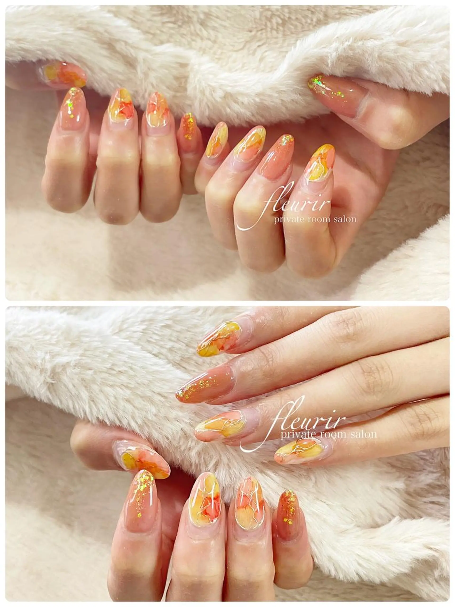 ネイル ジェルネイル ホログラムネイル オレンジ フルリール 【プライベートサロンのネイルデザイン