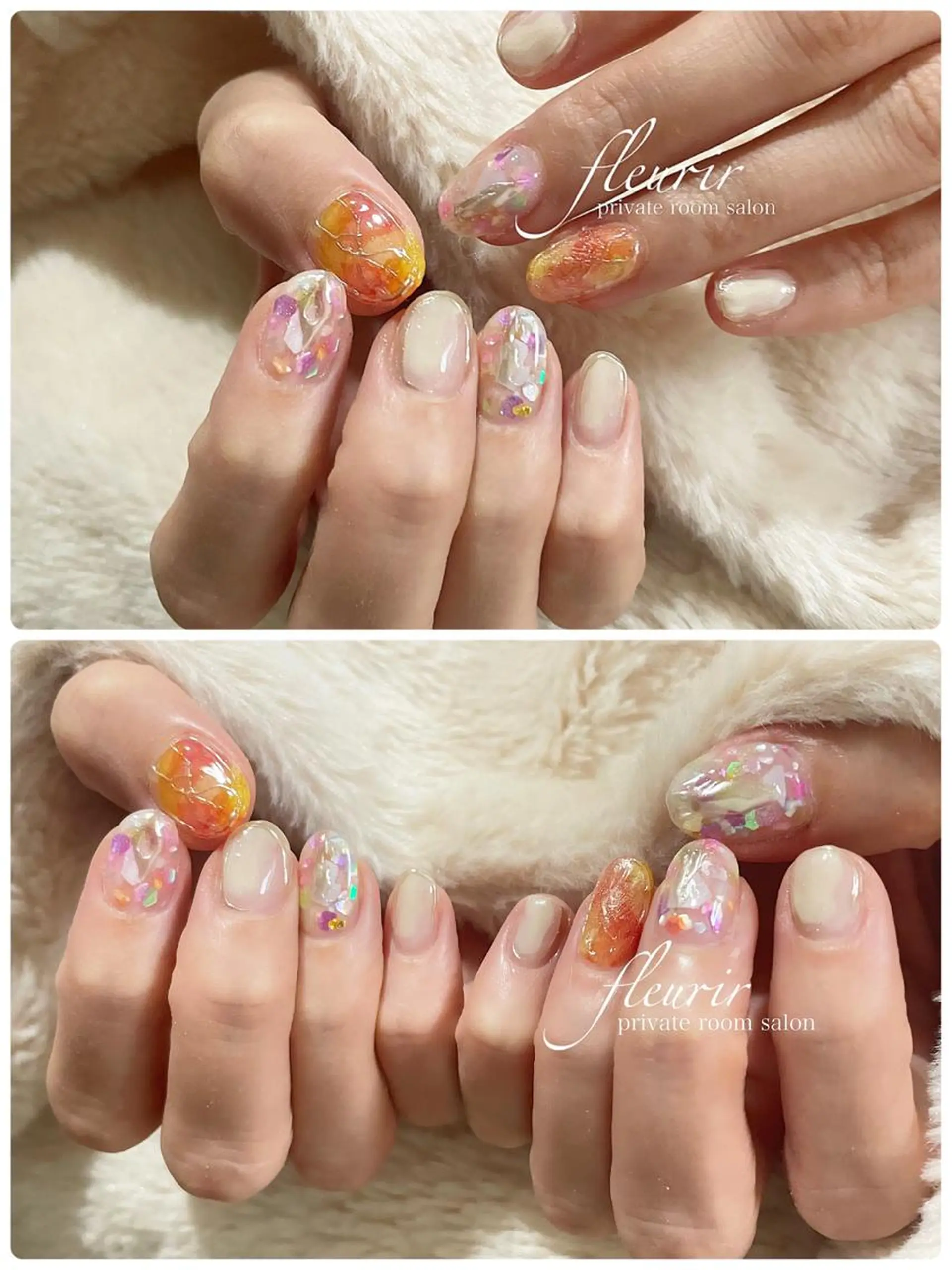 ネイル アートネイル ラメ(グリッター) ミラーネイル オレンジ ピンク フルリール 【プライベートサロンのネイルデザイン