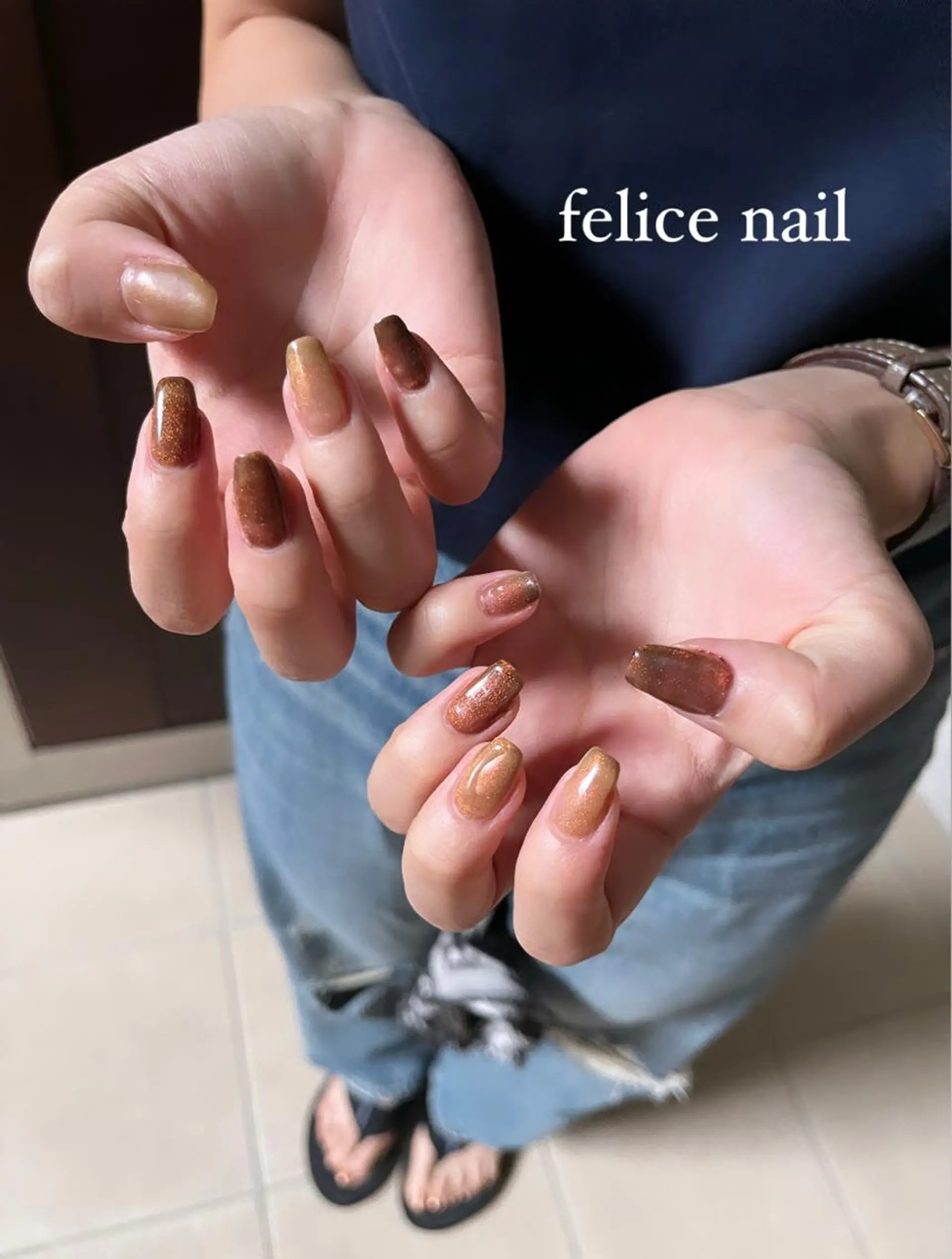 ネイル ブラウン マグネットネイル オレンジ felice nailのネイルデザイン