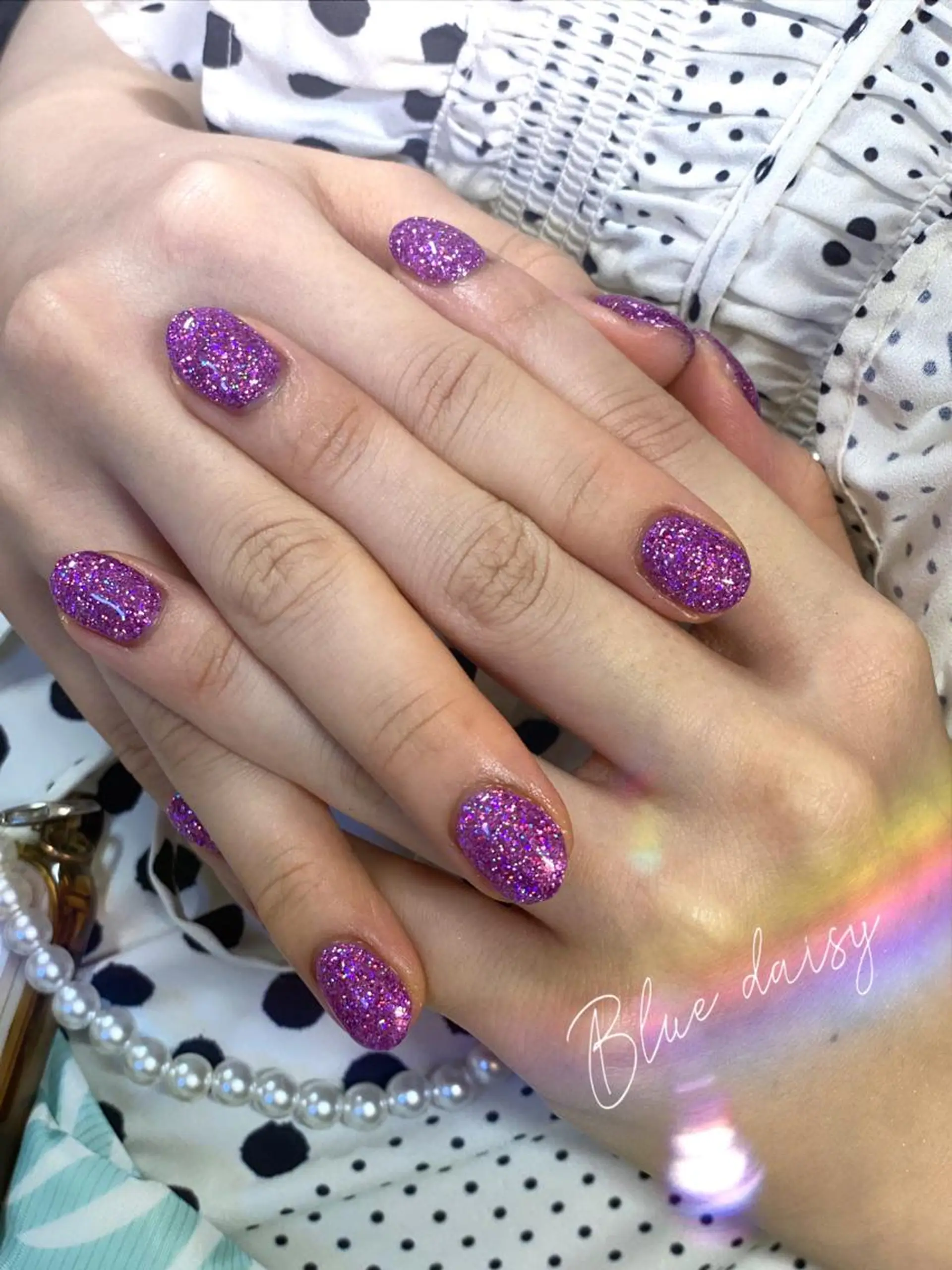ネイル ラメ(グリッター) パープル Blue daisy 栄本店のネイルデザイン