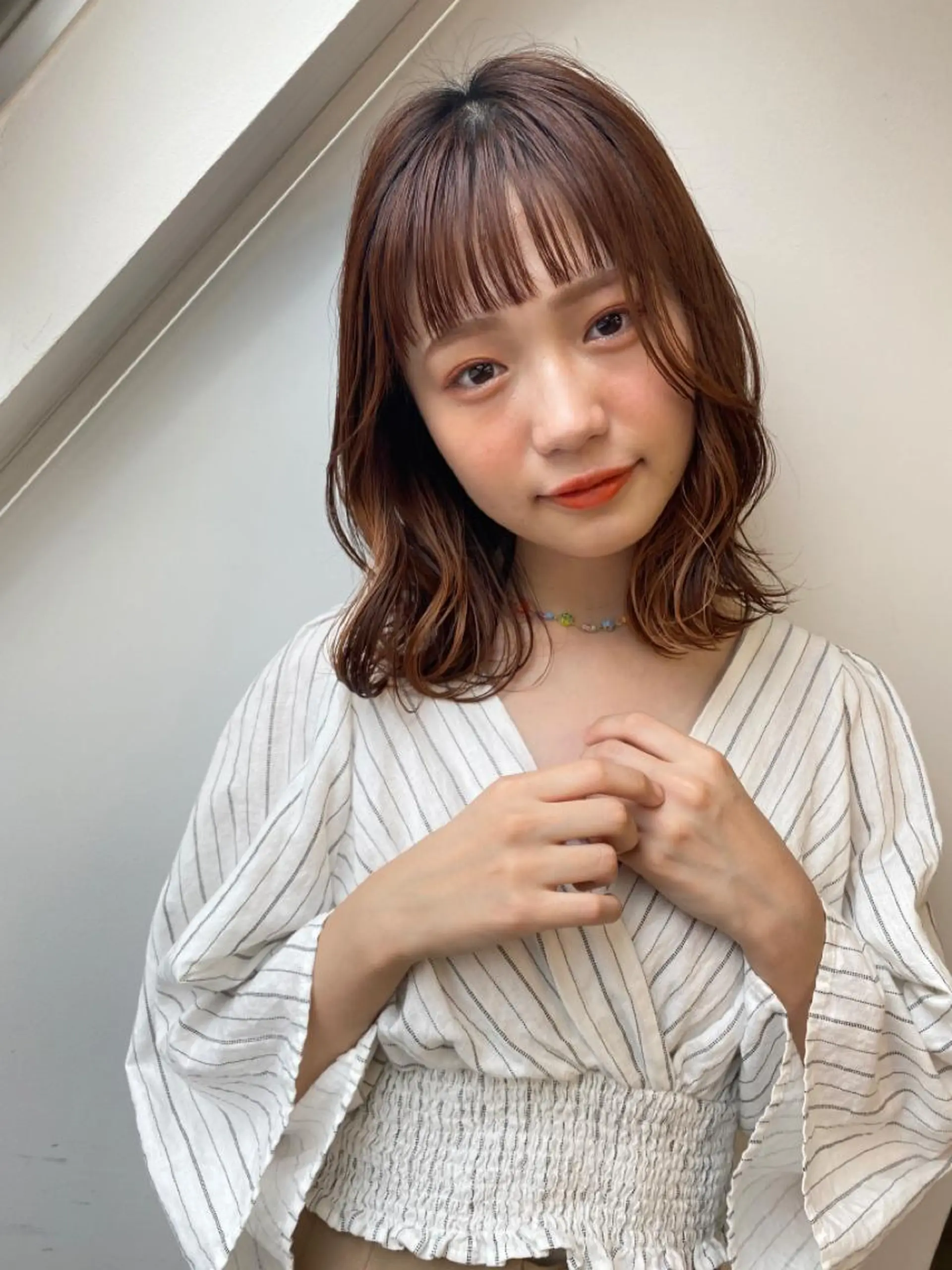 ミディアム オレンジブラウン ヘアカラー 🌼渋谷韓国レイヤー 桑尾幸奈🌼のヘアスタイル