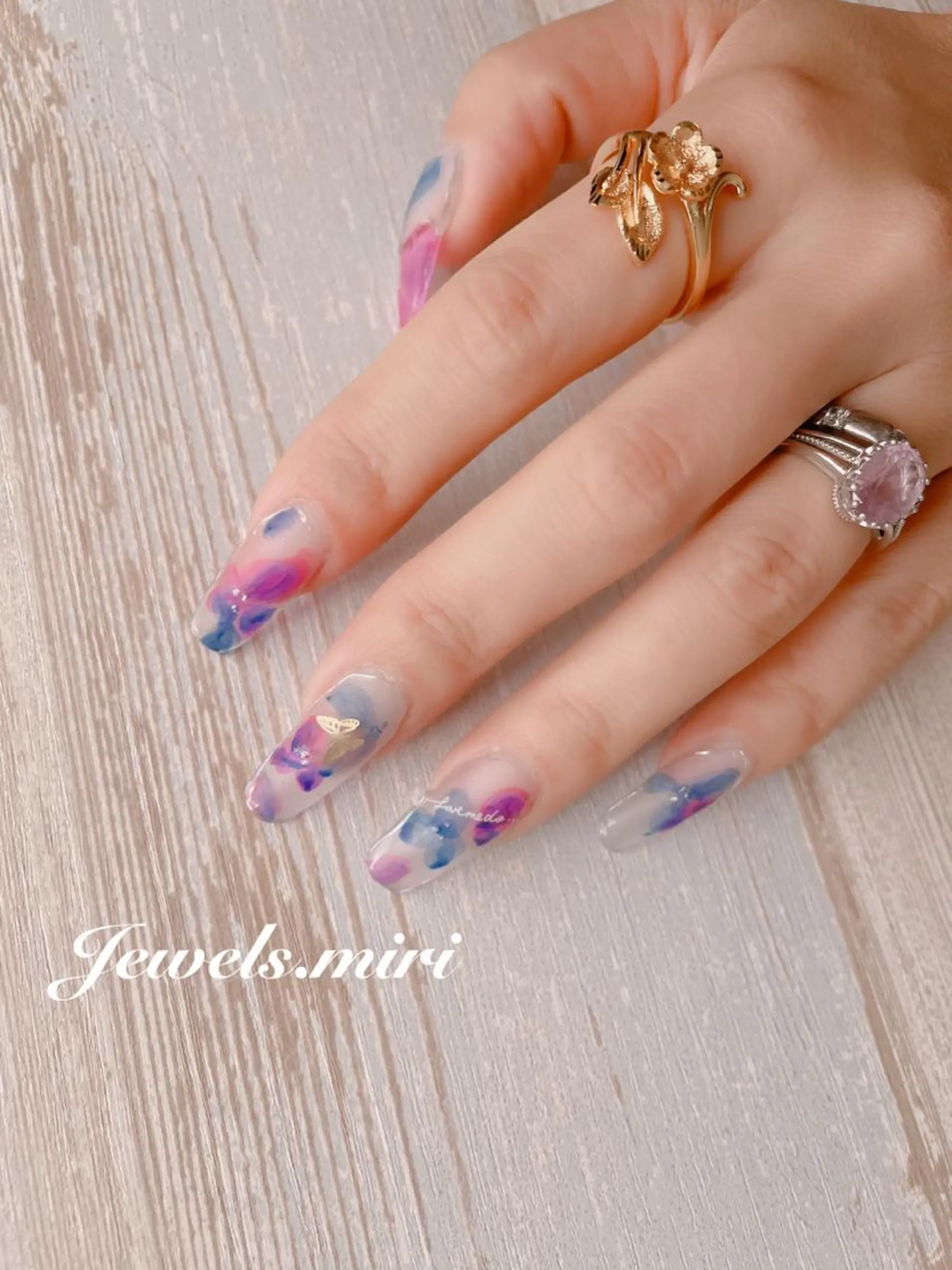 ネイル ブルー クリアネイル フラワーネイル パープル 春ネイル ネイルサロン Jewels Mのネイルデザイン