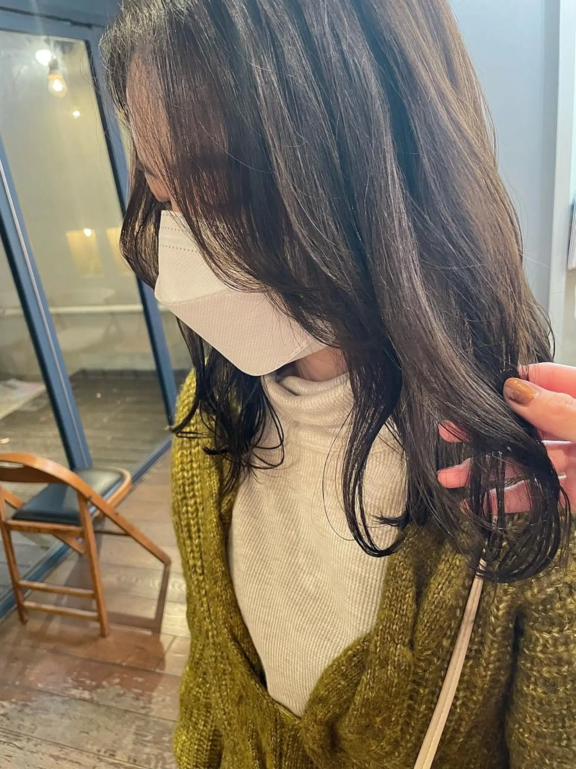 ミディアム カラー ヘアアレンジ オリーブカラー オレンジ 抜け感ボブ×パーマ |kazaneのヘアスタイル