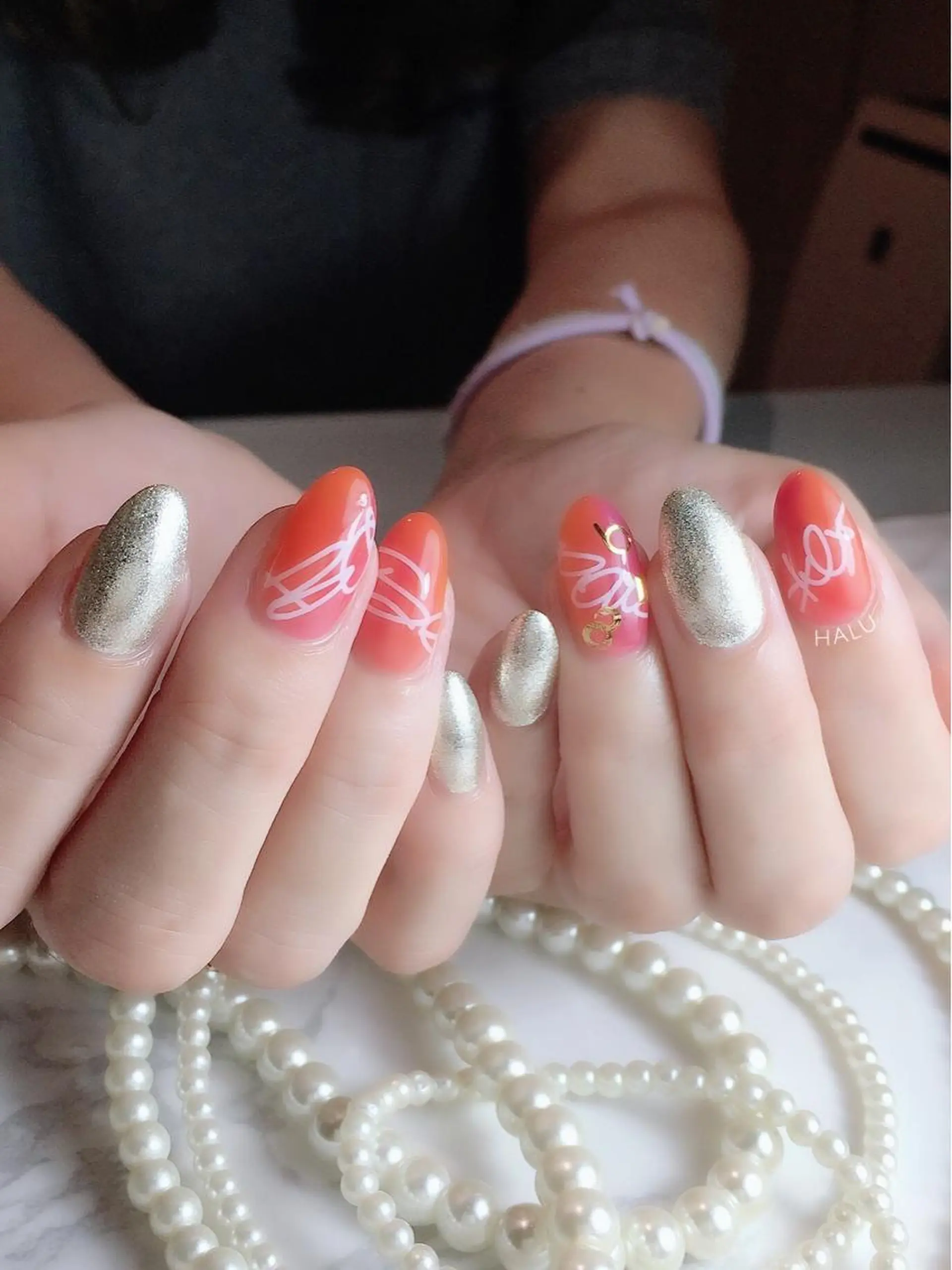ネイル オレンジ ピンク HALU ハルのネイルデザイン