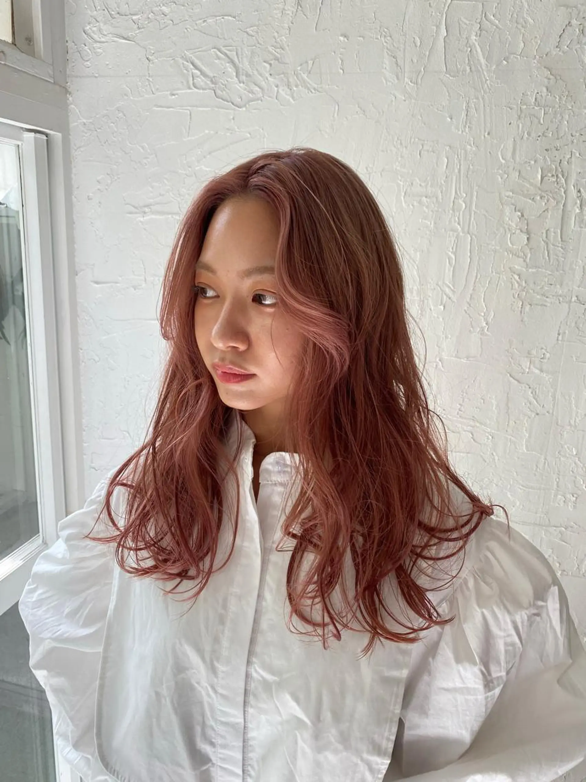 ロング 切りっぱなしボブ オレンジブラウン ピンクブラウン ボブ サイドバング タナカ レイのヘアスタイル
