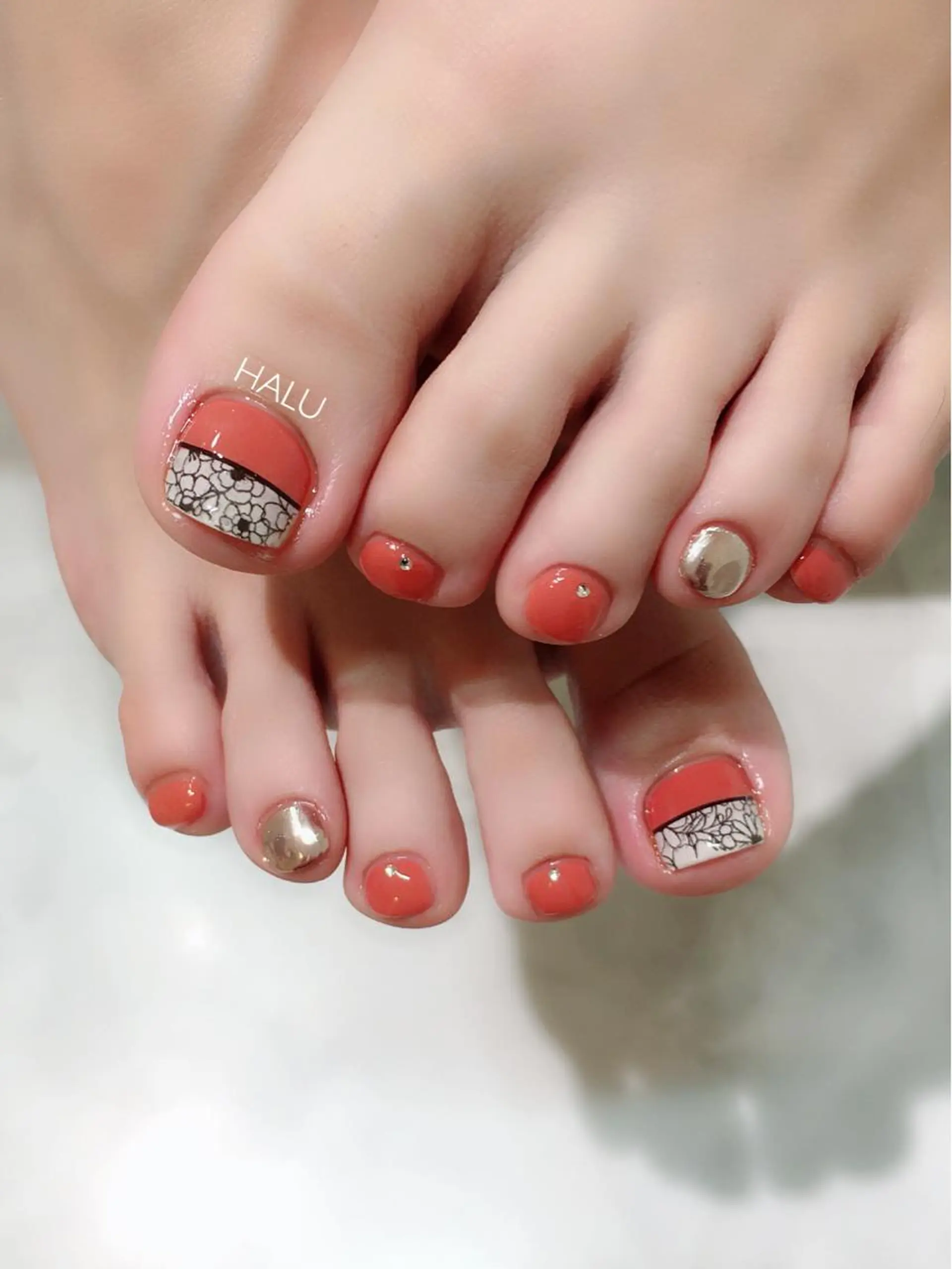 ネイル フラワーネイル レース ラメ(グリッター) ミラーネイル オレンジ HALU ハルのネイルデザイン