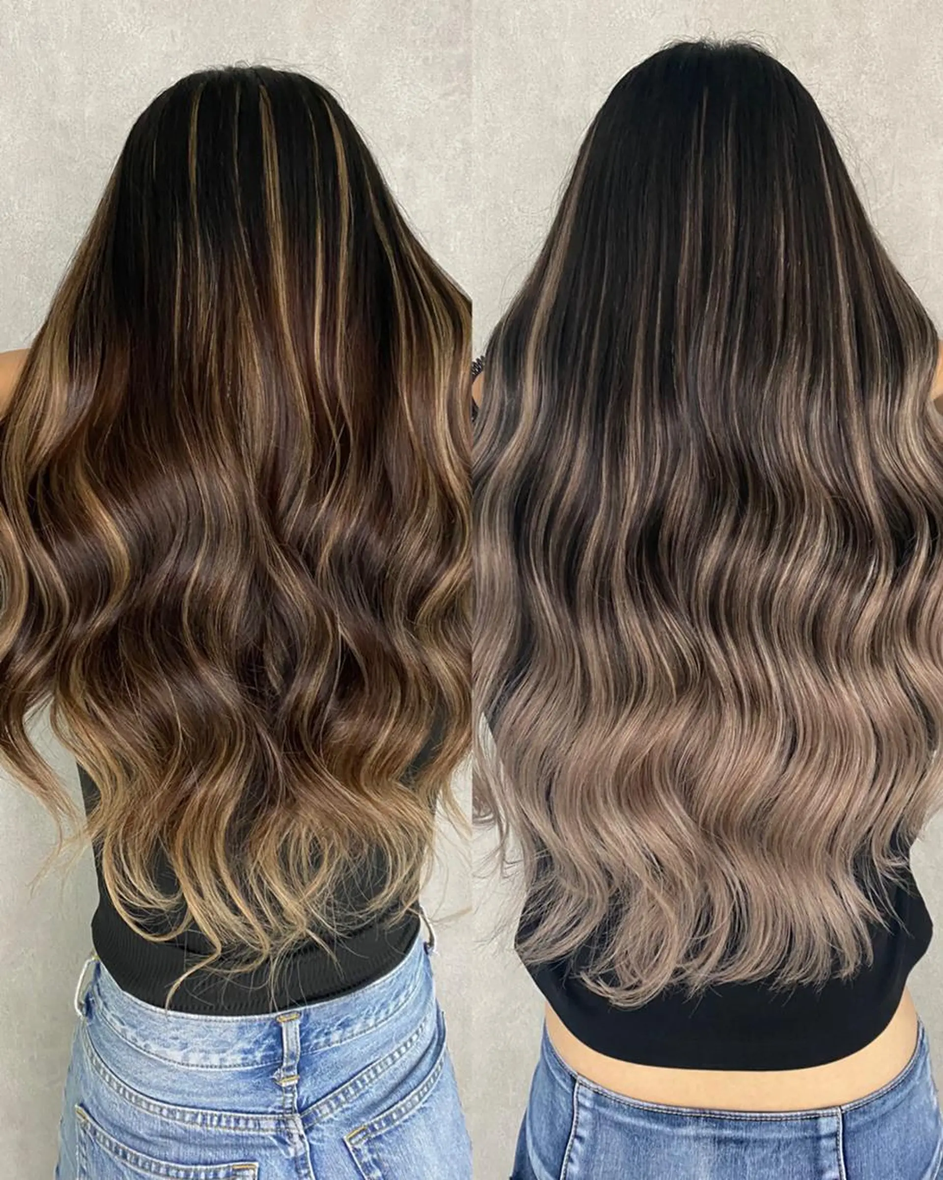 ロング ヘアアレンジ パーマ カラー シールエクステ アッシュ バレイヤージュ ベージュカラー ブリーチ ハイトーン カラーのヘアスタイル