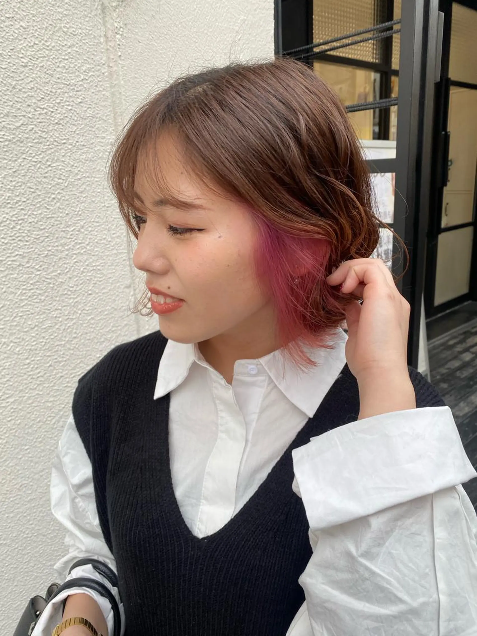 ミディアム カラー ピンクカラー カット 縮毛矯正 縮毛矯正とレイヤー カット/杉村凜汰郎のヘアスタイル