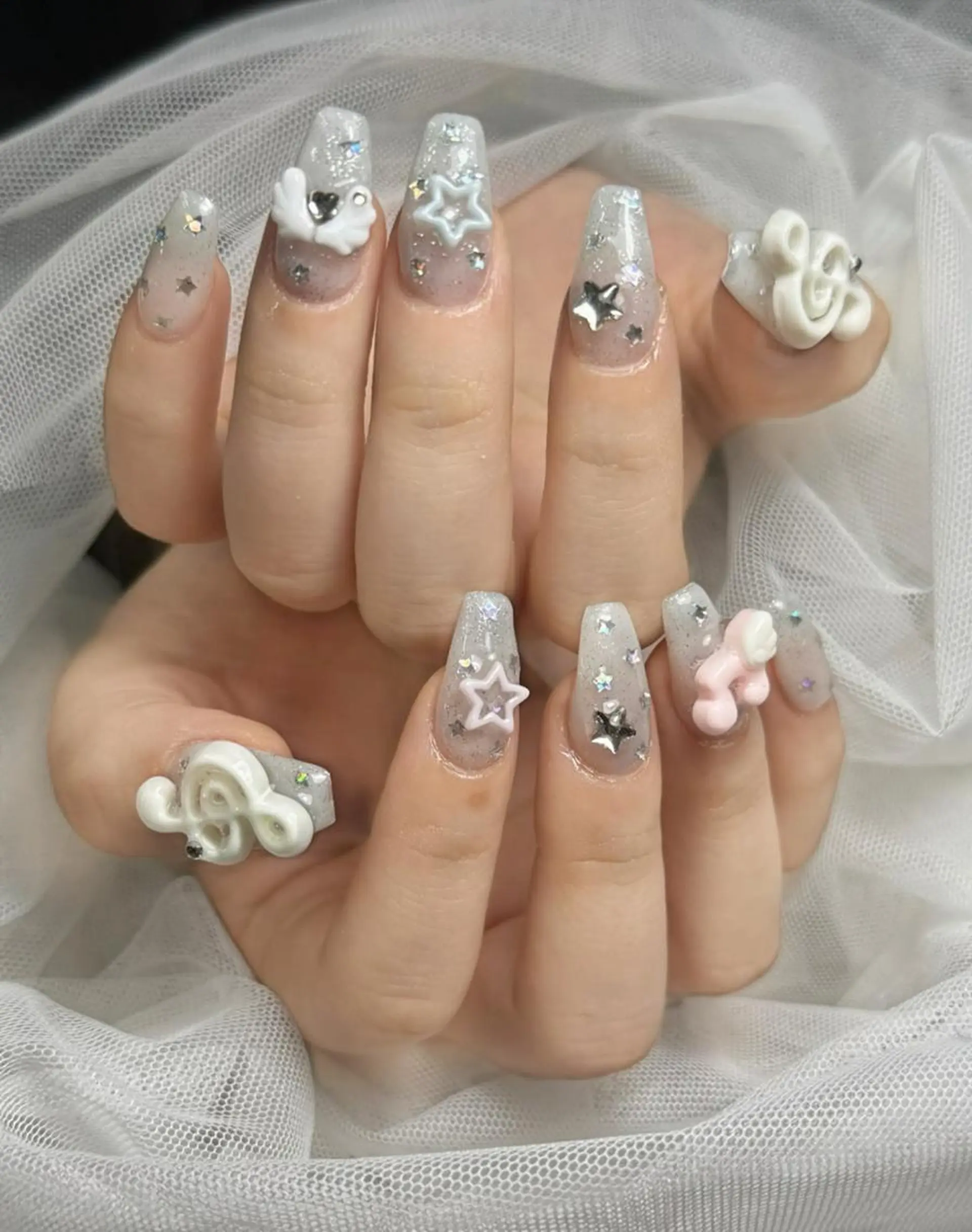 ロング カラー グラデーションカラー 韓国風ヘア ハンドネイル 波 なみのネイルデザイン