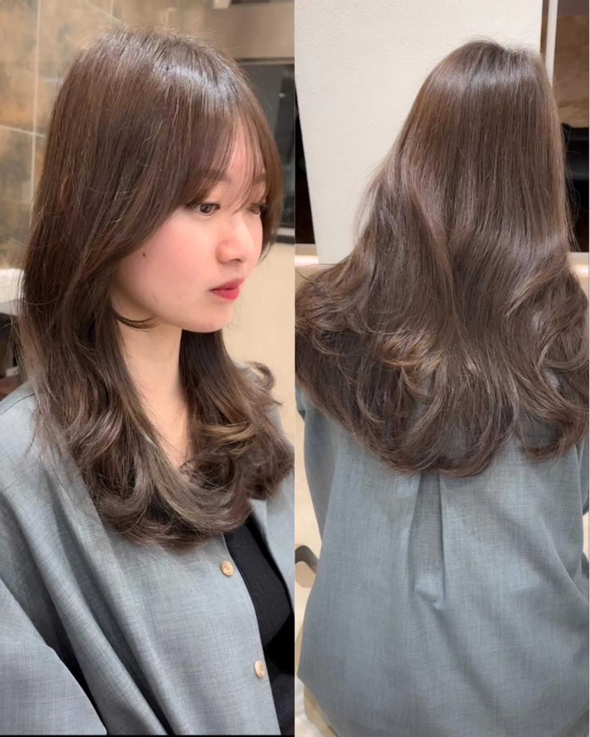 セミロング カラー 透明感カラー グレージュ 韓国風ヘア レイヤーカット ミタニ/髪質改善 /レイヤーカットのヘアスタイル