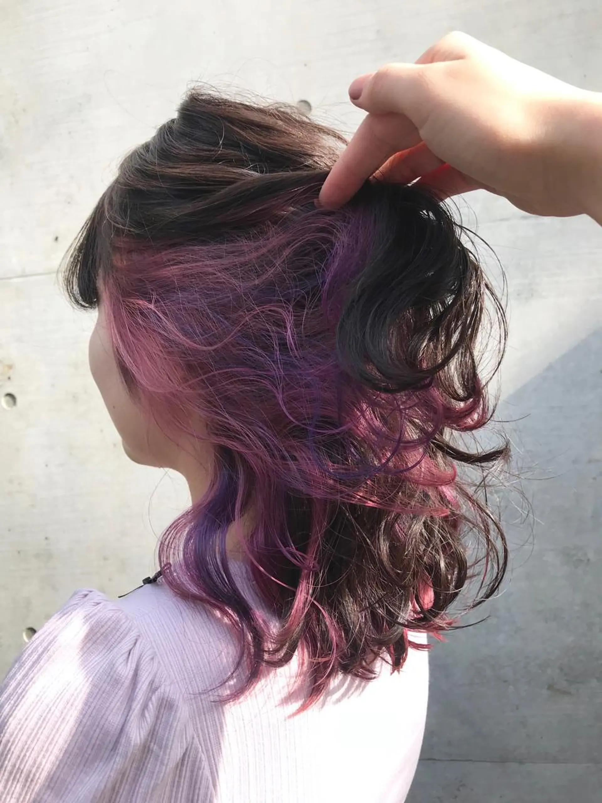 セミロング カラー ピンクカラー パープルカラー 色落ちまでキレイに！ ！女性サロンのヘアスタイル