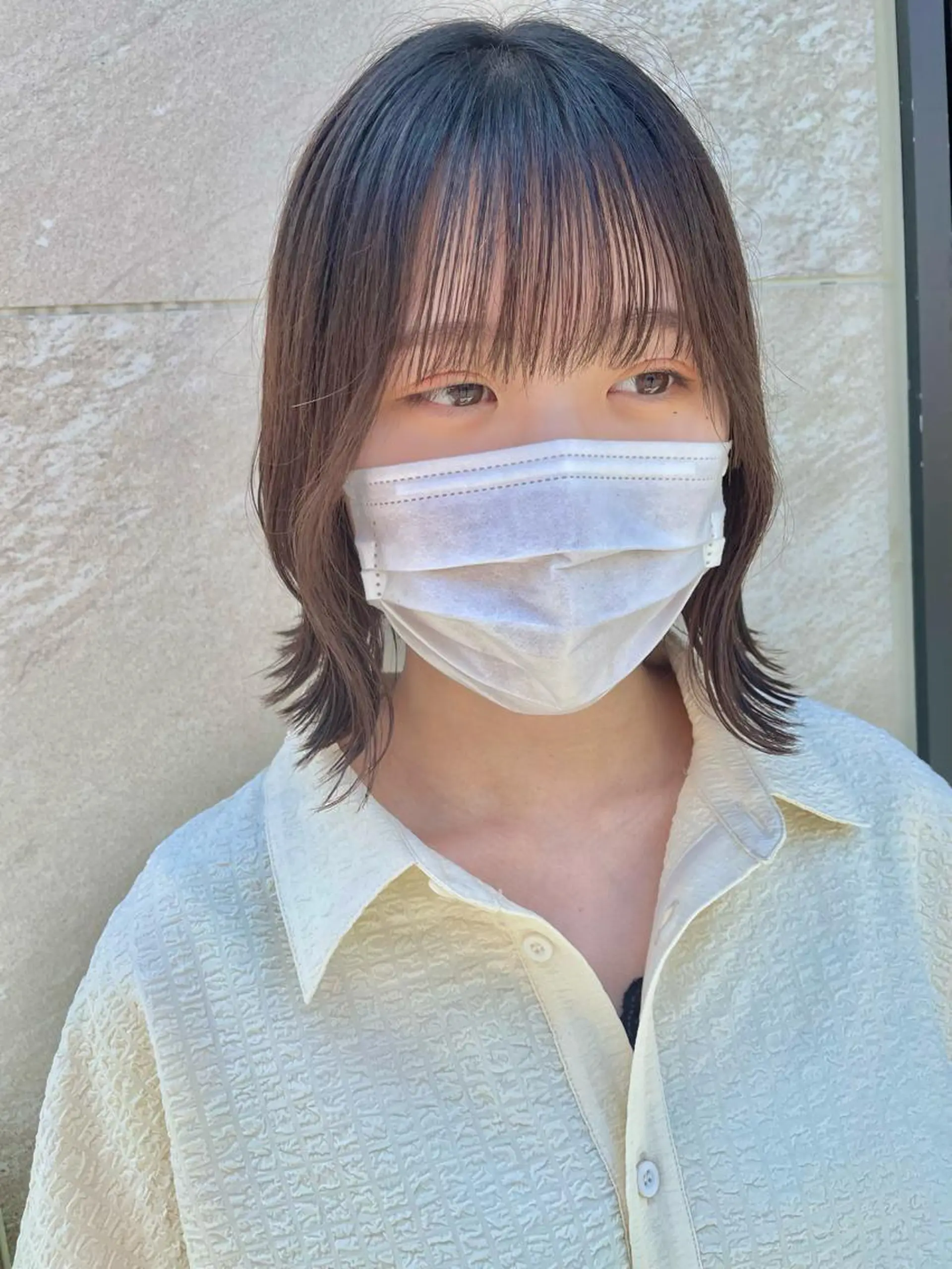 ミディアム カラー 切りっぱなしボブ ミディアムパーマ ボブ 斜めバング レイヤーカット 髪質改善 中川　翔のヘアスタイル