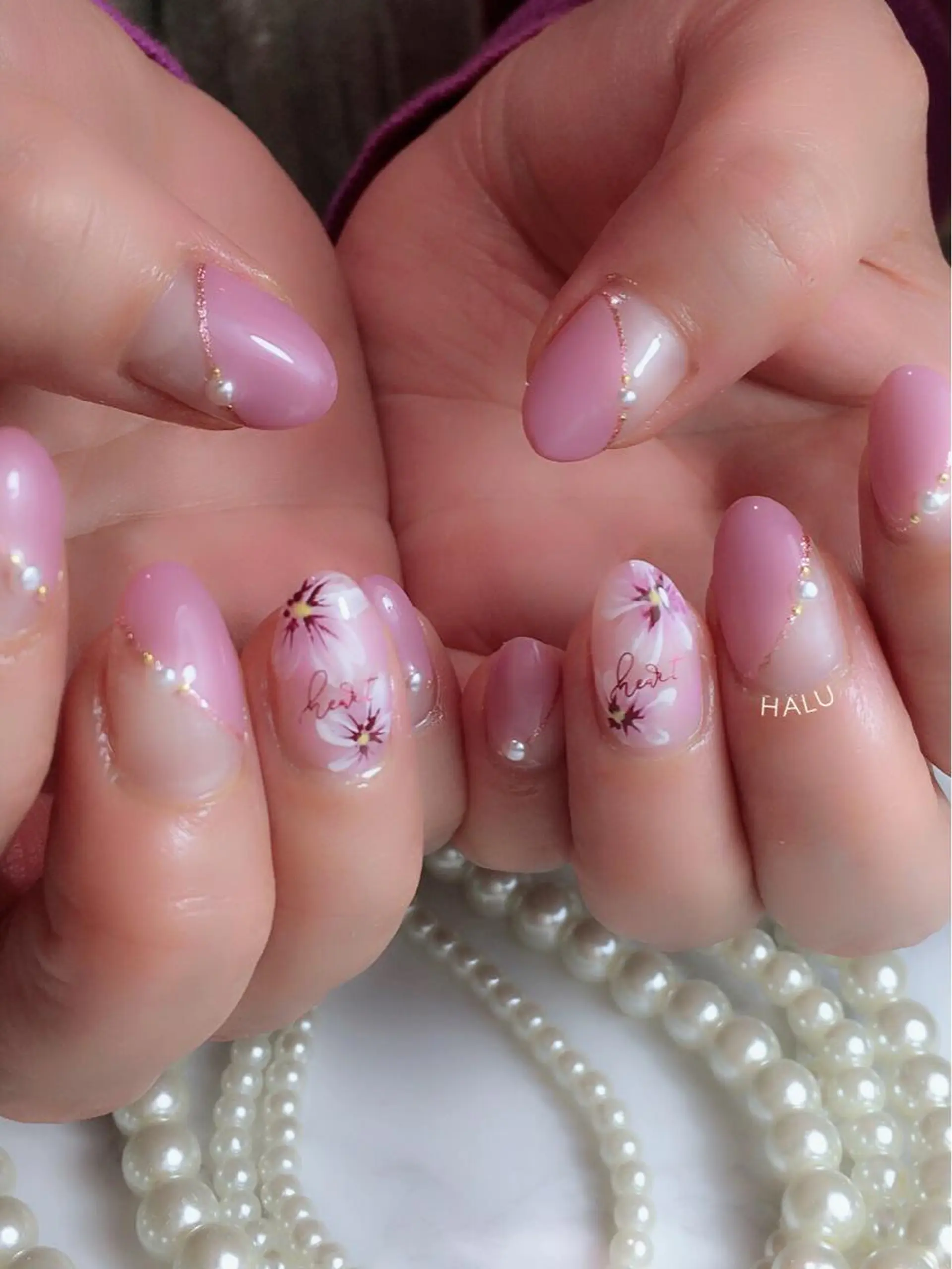ネイル アートネイル ブルー フラワーネイル ラメ(グリッター) ピンク HALU ハルのネイルデザイン