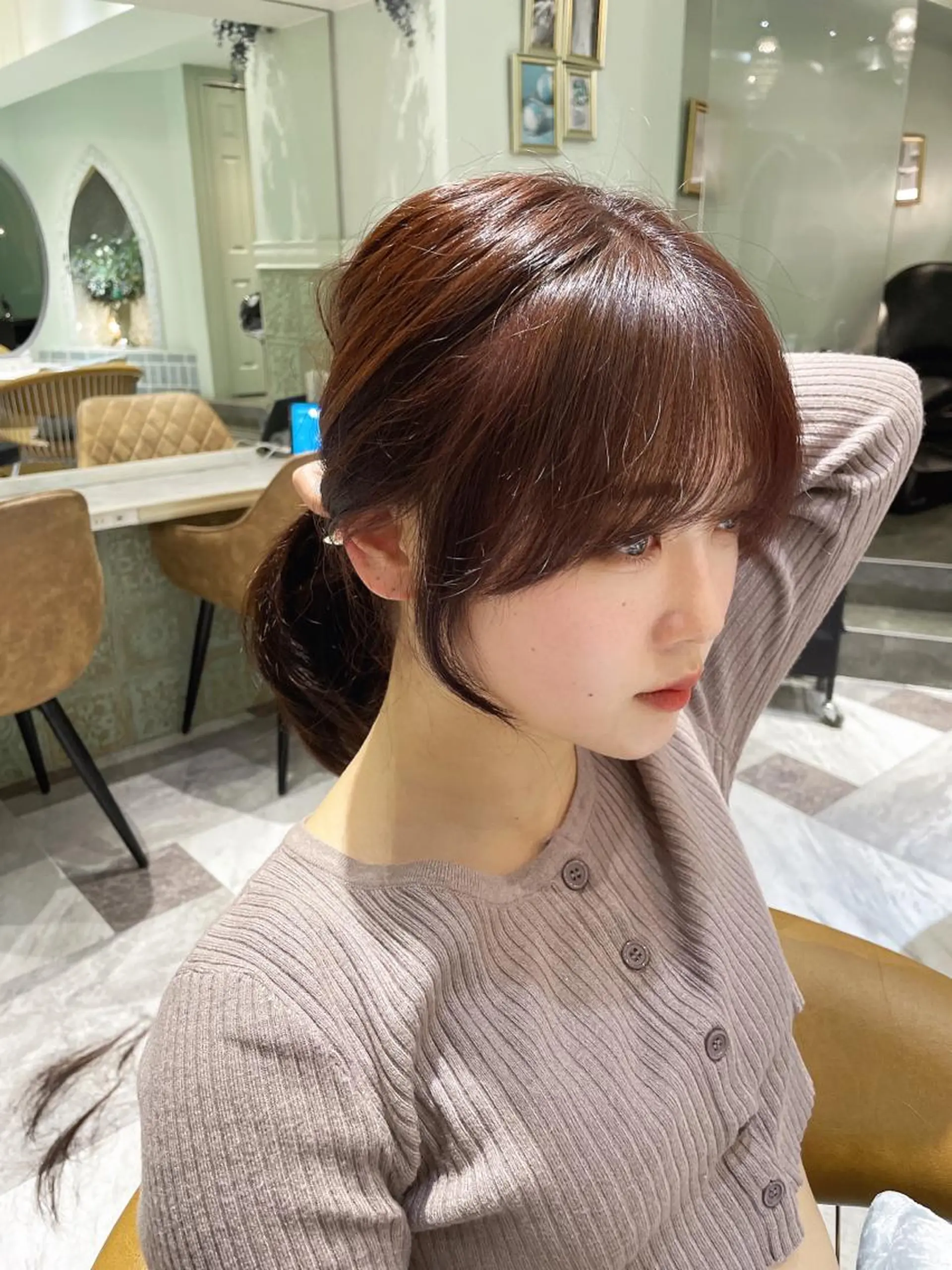 ミディアム カラー ベージュカラー 黒髪 ブリーチ ブルーカラー ブルーブラック カット トリートメント 木屋元一/透明感 /前髪/ショートボブのヘアスタイル