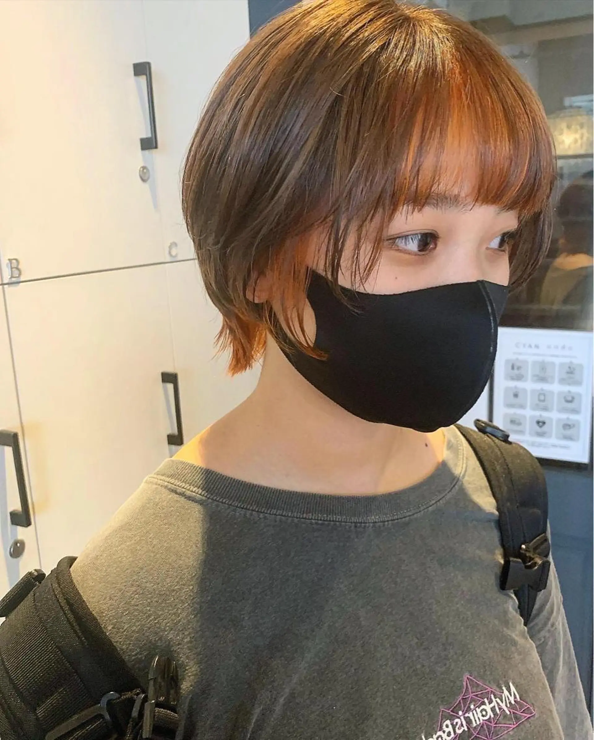 ショート カラー パーマ ヘアアレンジ メンズ キッズ ネイル マツエク・マツパ メンズインナーカラー メンズウルフカット デザインカラー インナーカラー オレンジ ウルフレイヤーカット /チヒロのヘアスタイル