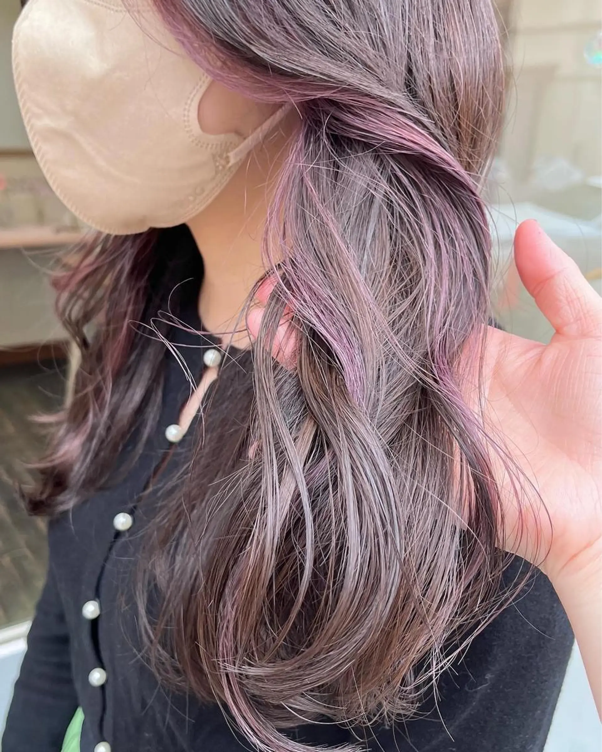 ロング カラー ミストバング  フェイスフレーミング グレージュ ラベンダーカラー ラベンダーピンク 髪質改善☆ 縮毛矯正miyuのヘアスタイル
