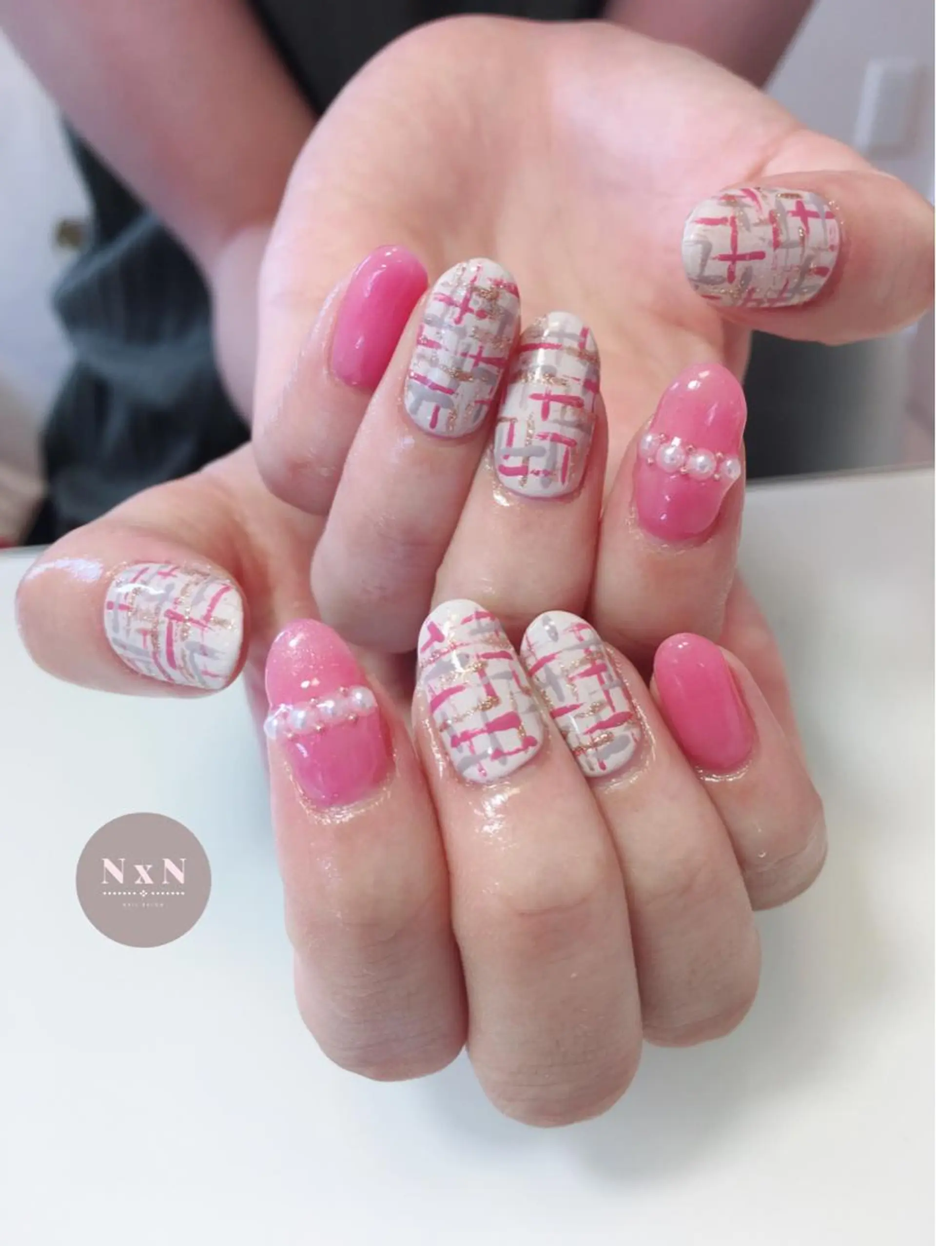 ネイル ジェルネイル ピンク ぷっくりネイル ツイードネイル nail salon N×Nのネイルデザイン