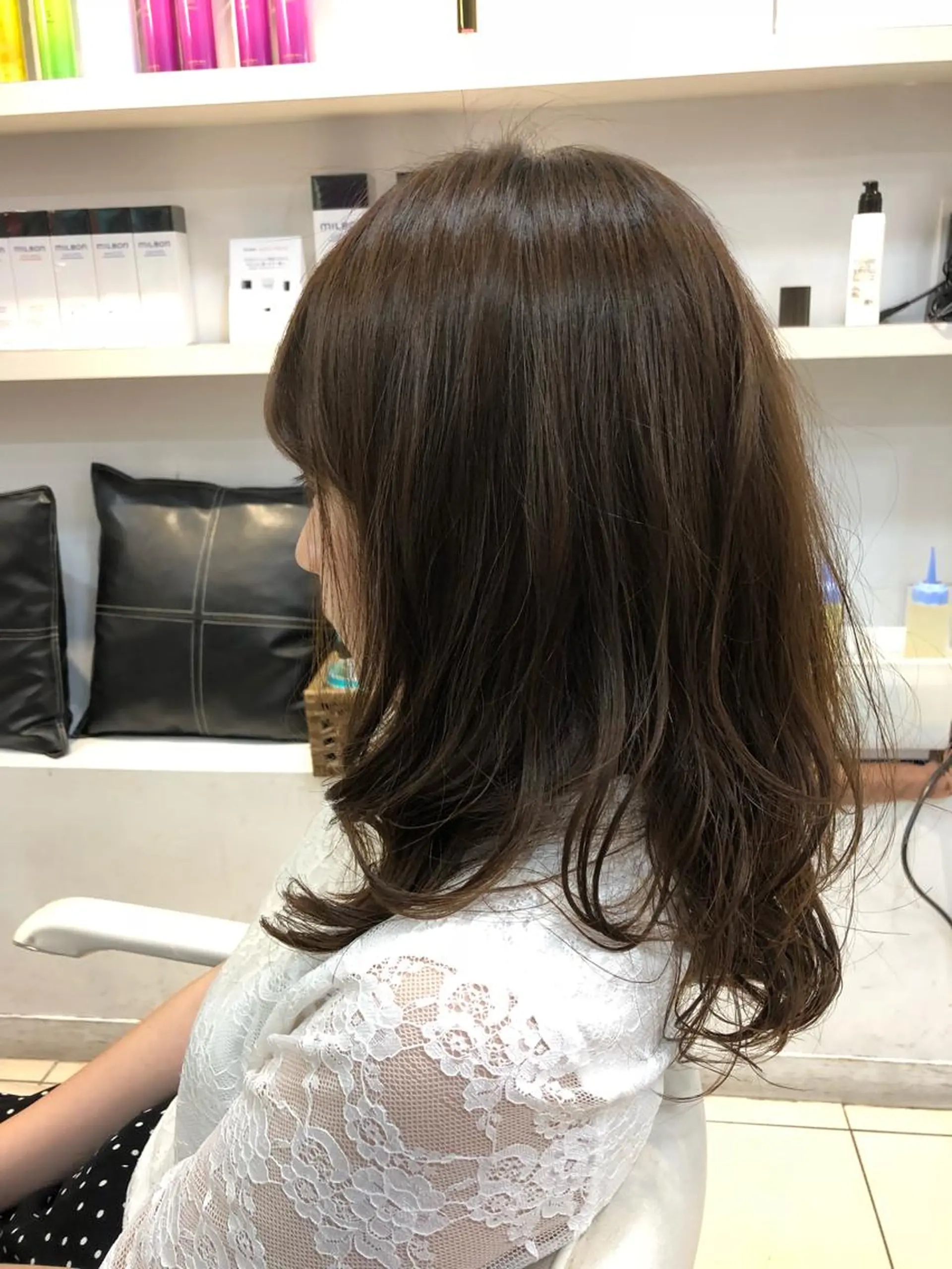 セミロング パーマ セミロングパーマ デジタルパーマ 髪質改善× 白髪ぼかし溝江のヘアスタイル