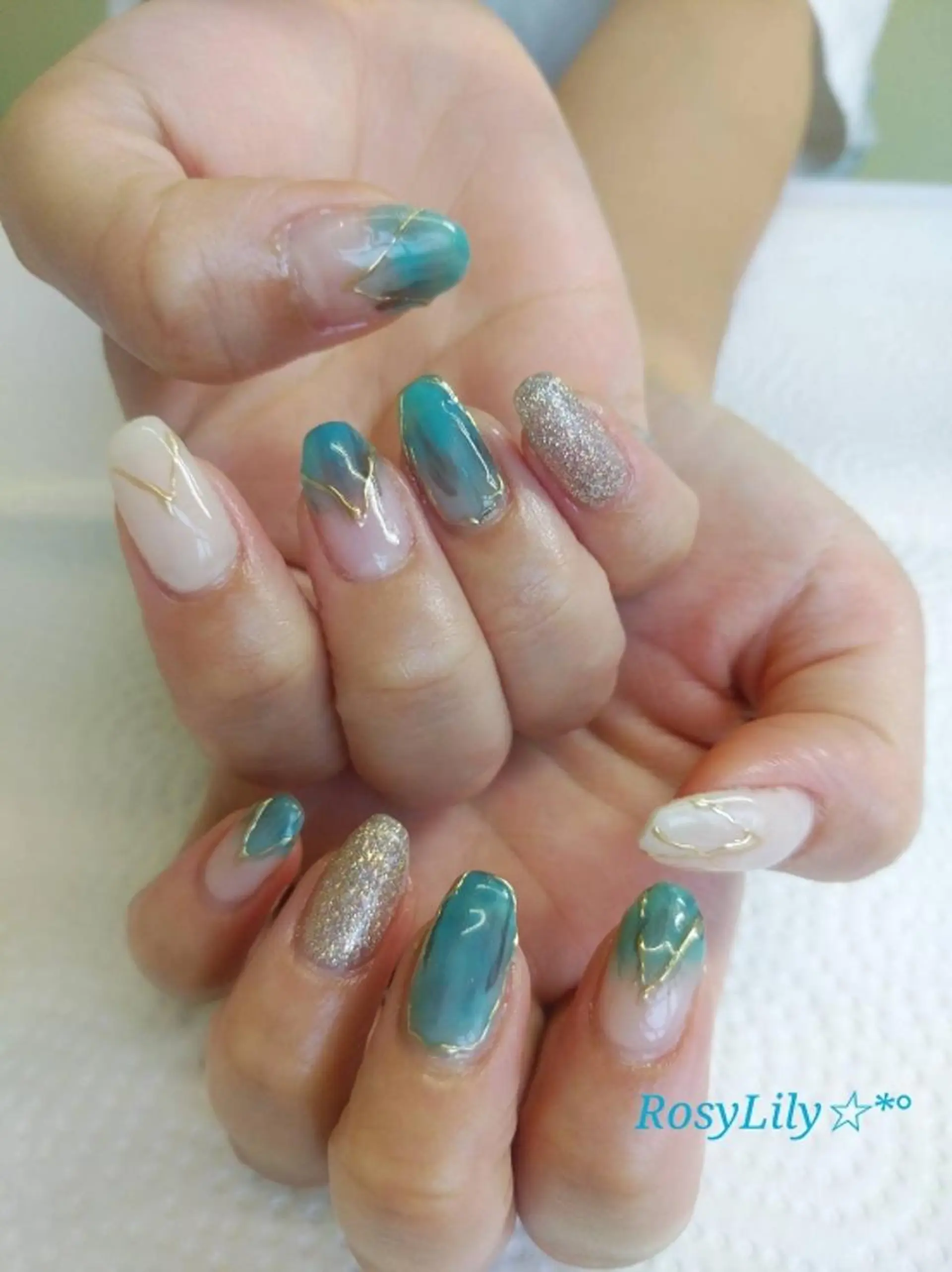 ネイル ブルー ミラーネイル プライベートサロン Rosy Lilyのネイルデザイン