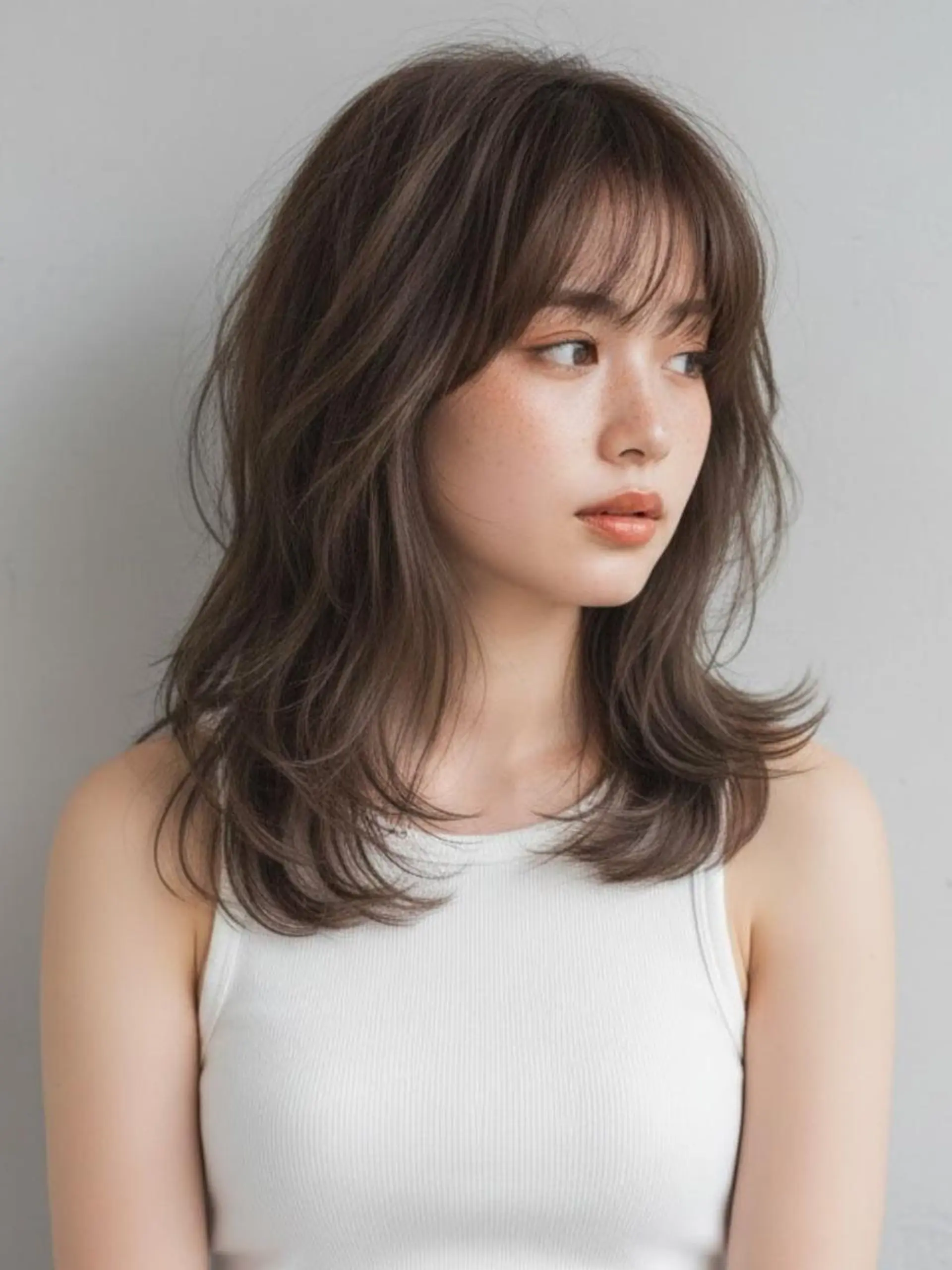 ミディアム カラー 透明感カラー グレージュ レイヤーカット ヘアカラー ヘアサロンM渋谷 カットカラーブリーチのヘアスタイル