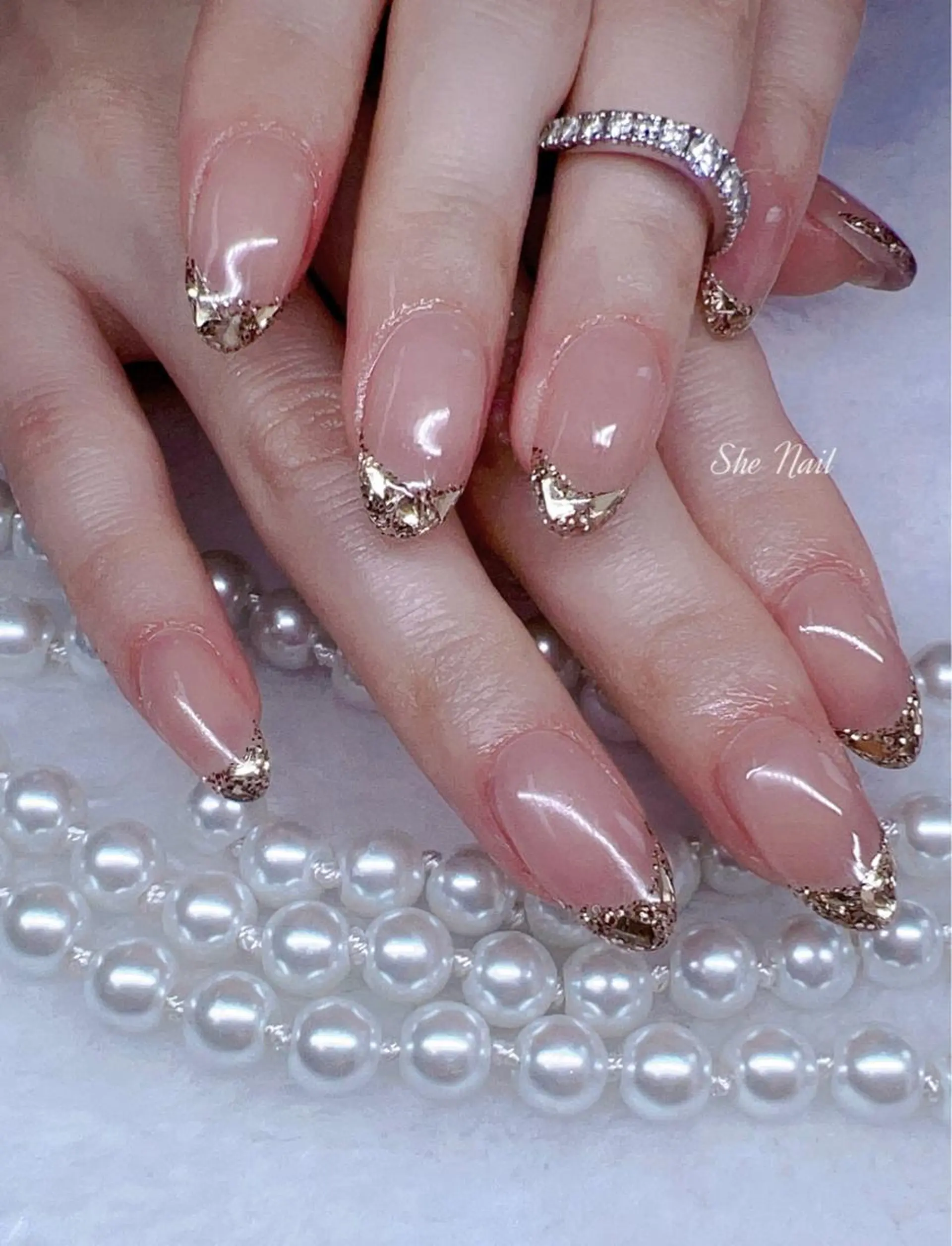 ネイル チークネイル フレンチネイル ガラスフレンチ キラキラネイル 韓国ネイル ハンドネイル She   Nail所属・ISA_ BELLAのネイルデザイン