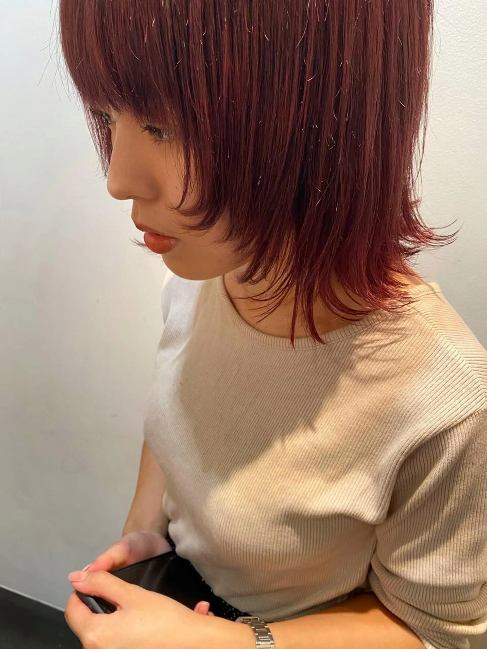 ミディアム カラー オレンジ ウルフカット tonari 梅田、中崎町のヘアスタイル