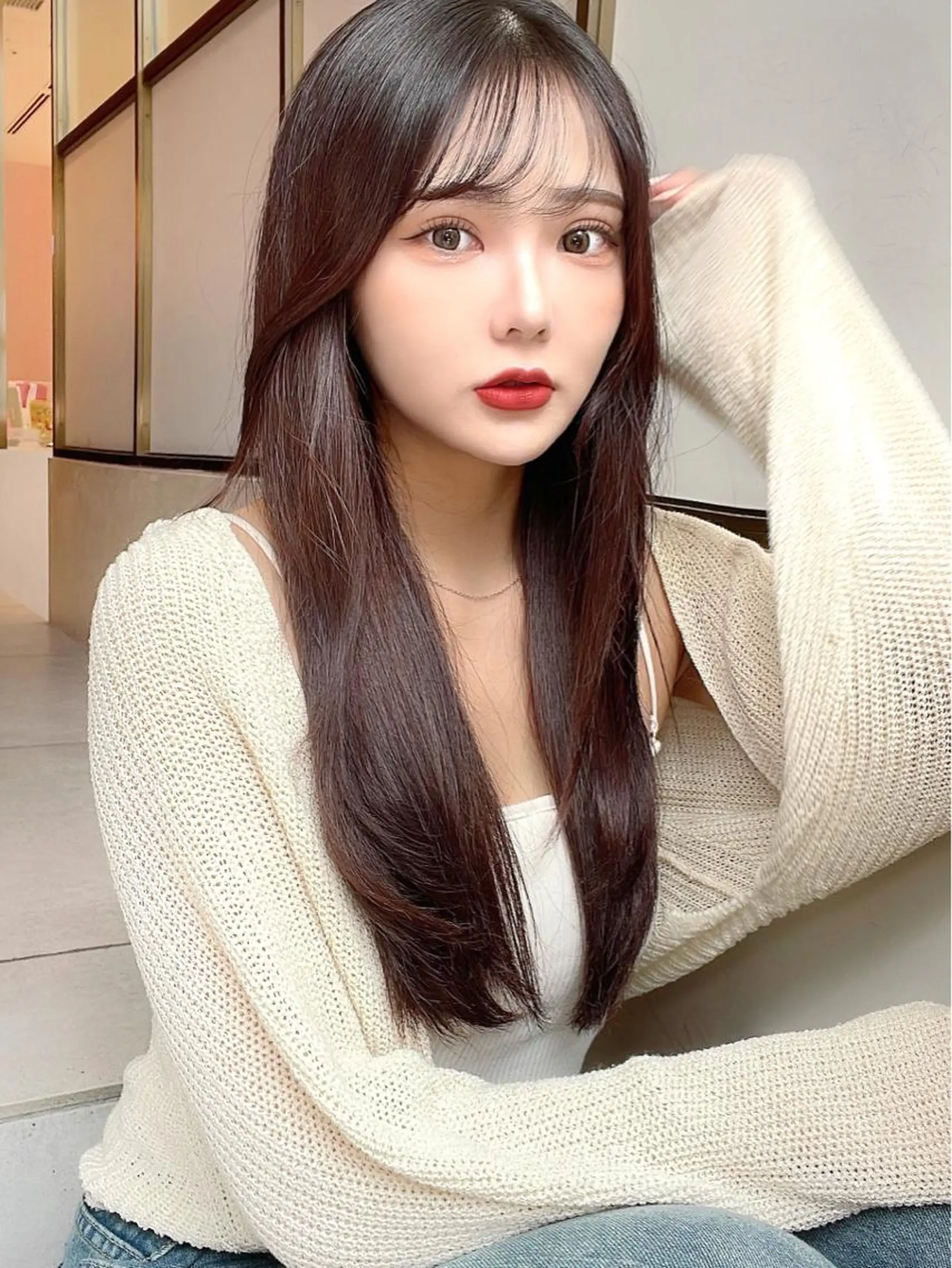 セミロング カラー パーマ くびれヘア ヨシンモリ 韓国風ヘア サイドバング 小顔カット カット ヘアカラー 縮毛矯正 トリートメント 顔周り特化/韓国ヘア /レイヤー/吉野幸大のヘアスタイル