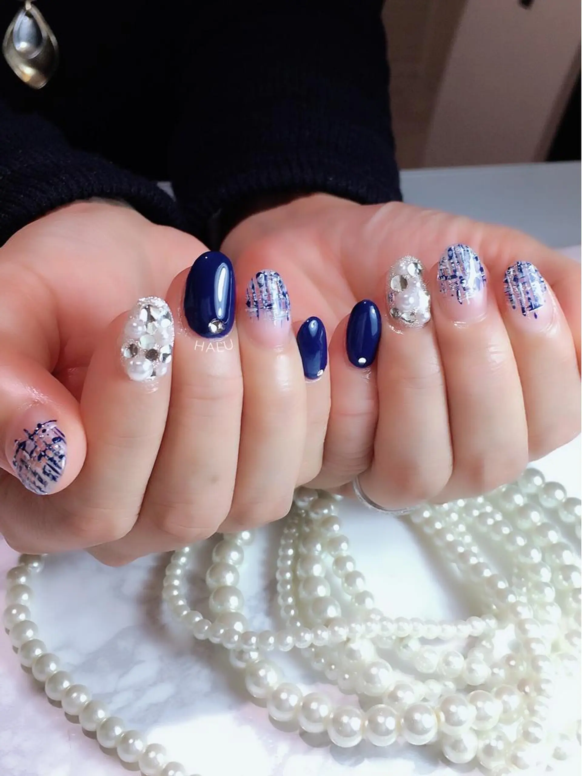 ネイル ネイビー ストーンネイル ツイードネイル HALU ハルのネイルデザイン