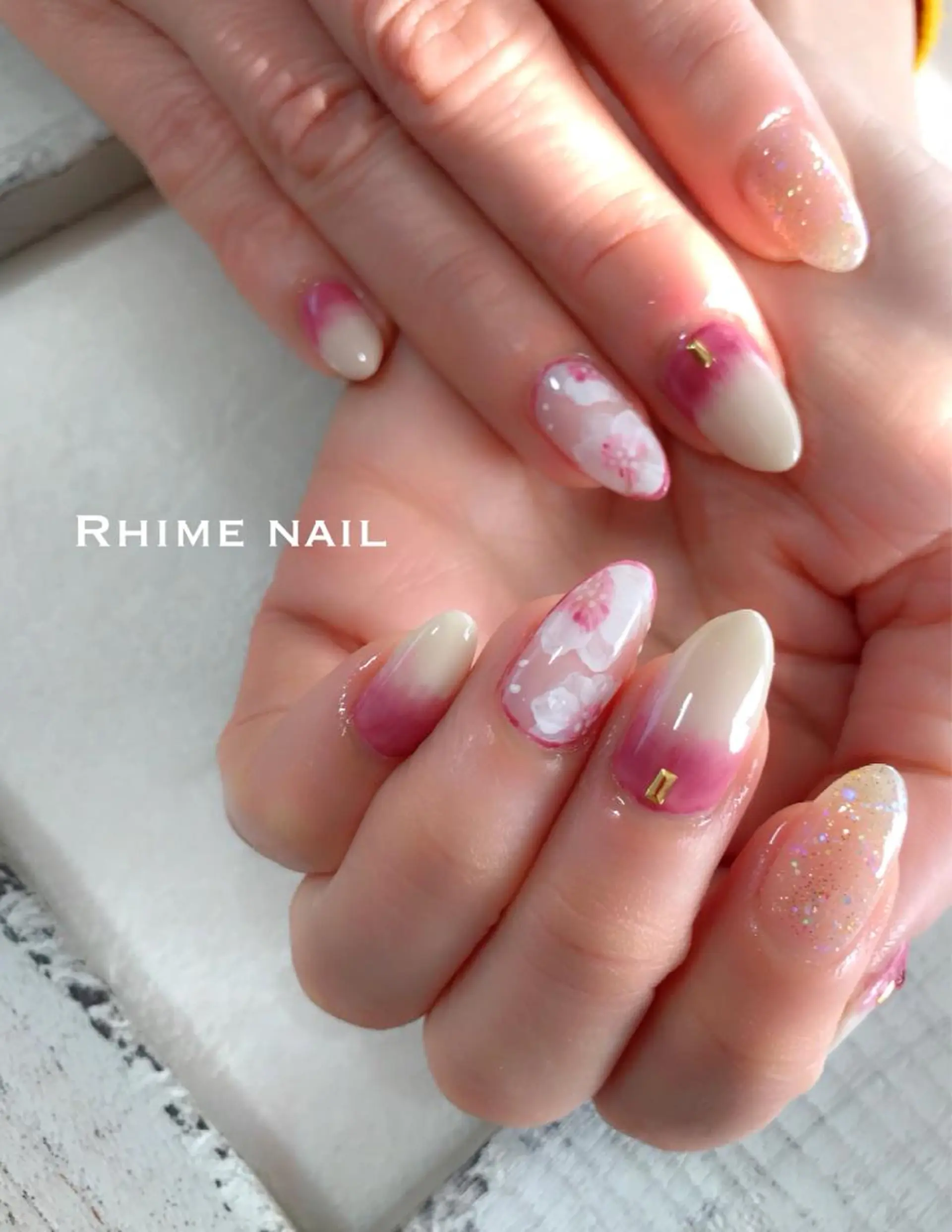 ネイル アートネイル ボルドー 入学式 フラワーネイル ジェルネイル Rhime nail ライムネイルのネイルデザイン
