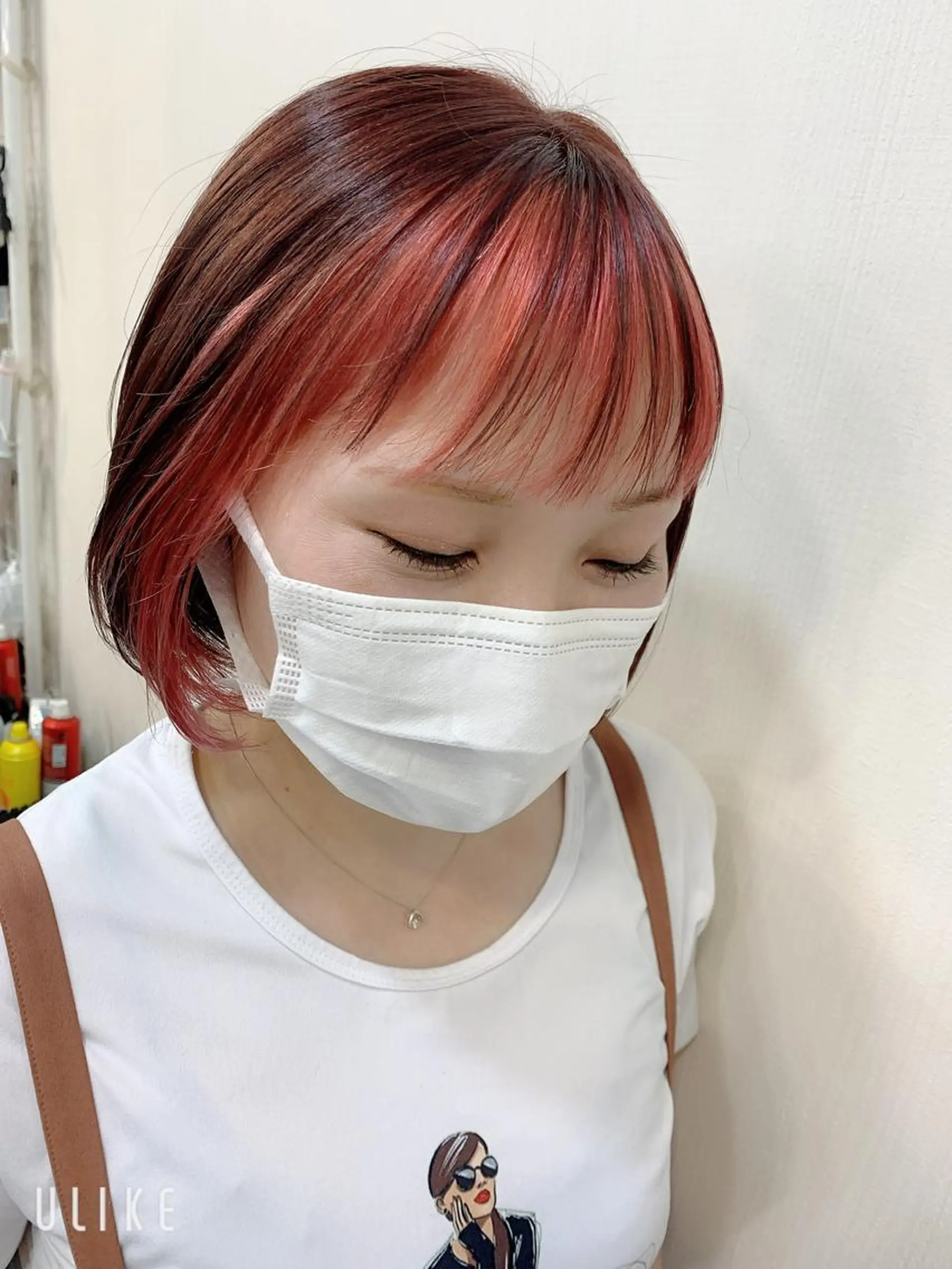 ミディアム カラー ミストバング  フェイスフレーミング ピンクカラー きむえり/髪質改善 /うねり広がり改善のヘアスタイル