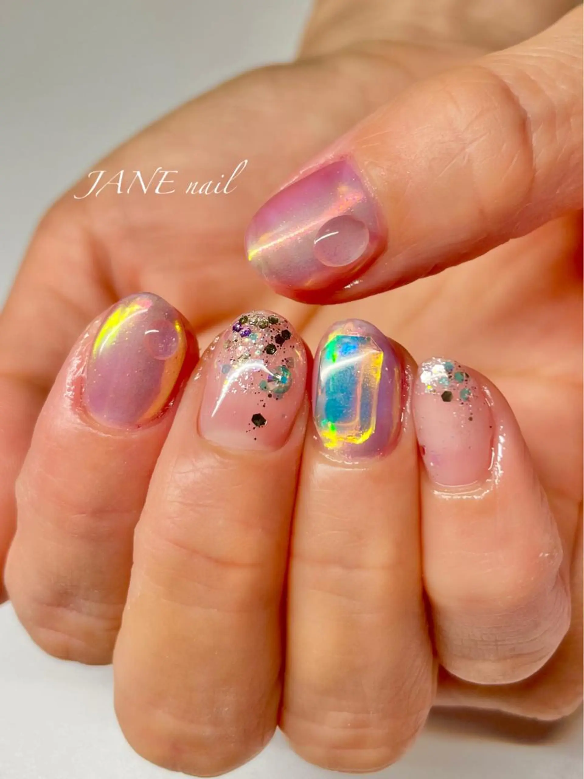 ネイル オーロラネイル クリアネイル フットネイル 氷ネイル・うるうるネイル 夏ネイル ハンドネイル Nail Salon JANEのネイルデザイン