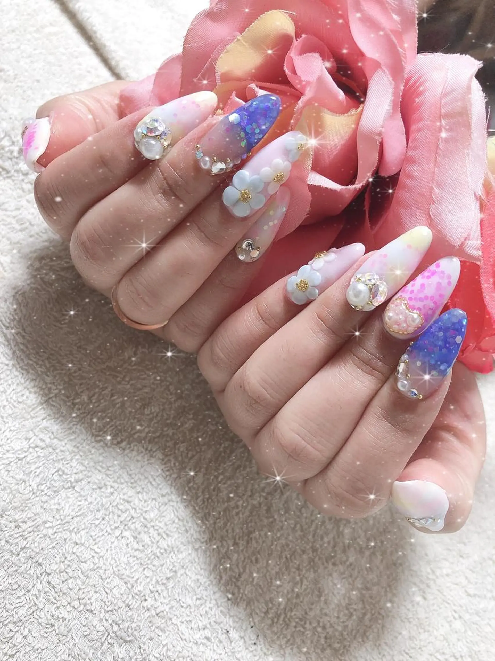 セミロング ネイル アートネイル ストーンネイル ハンドネイル 《LB》ラブリエ Nail&eyeのマツエク・マツパデザイン