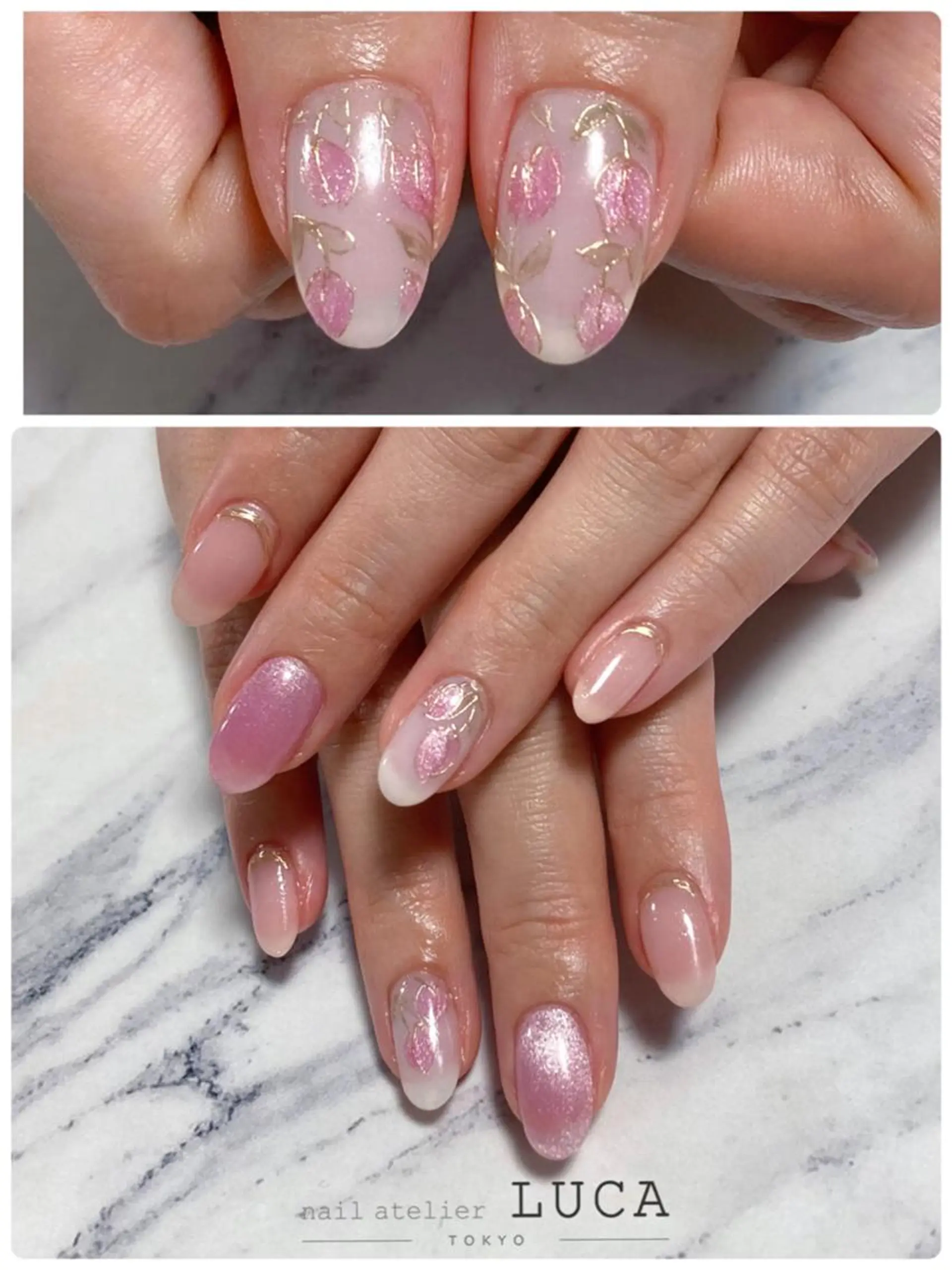 ネイル アートネイル オーロラネイル クリアネイル 長さ出し フラワーネイル ハンドネイル ネイルアトリエルカ スタッフのネイルデザイン