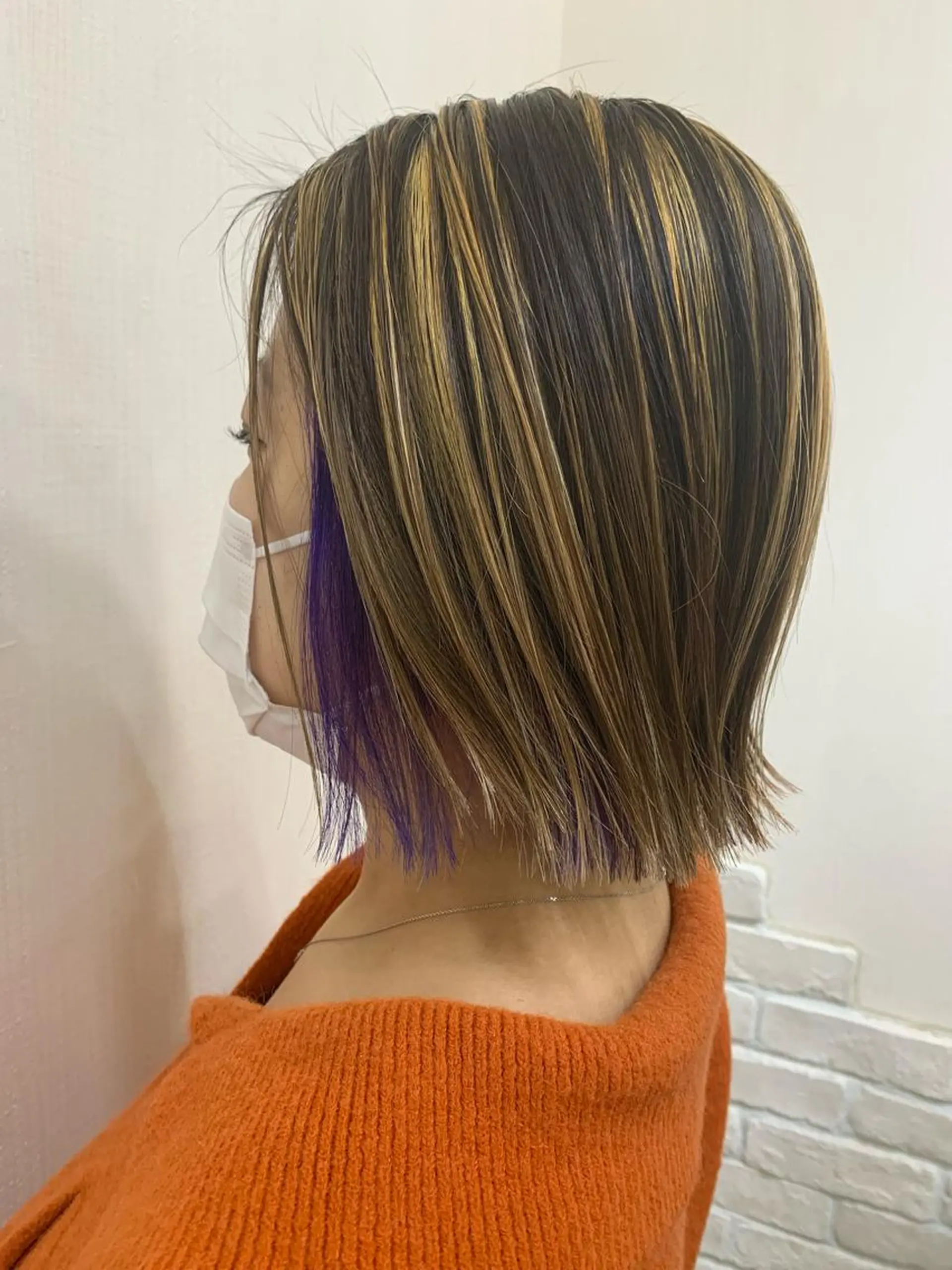 ミディアム カラー ヘアアレンジ ハイライトカラー パープルカラー ハイライト きむえり/髪質改善 /うねり広がり改善のヘアスタイル