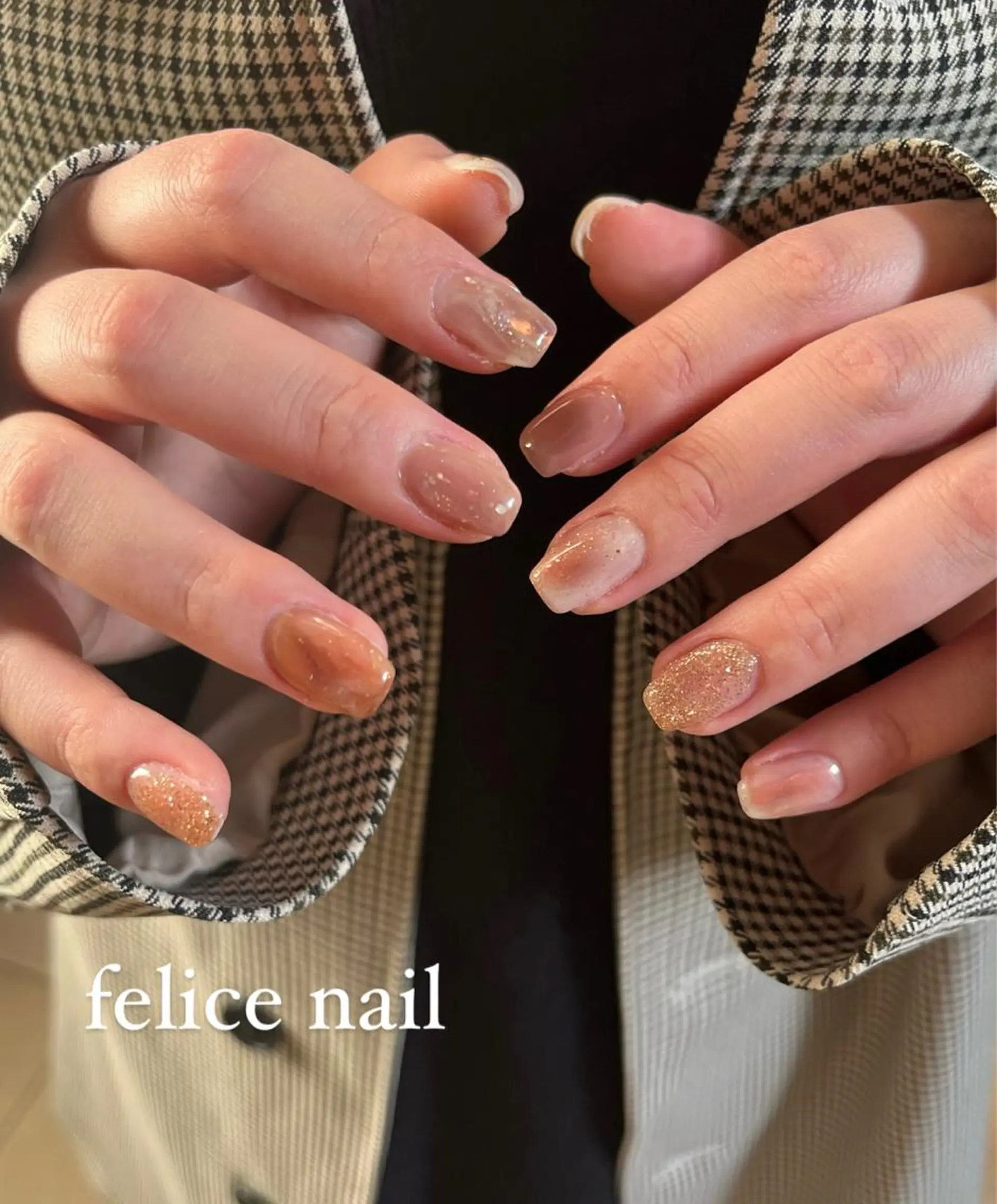 ネイル ブラウン 氷ネイル・うるうるネイル ニュアンスネイル 春ネイル felice nailのネイルデザイン